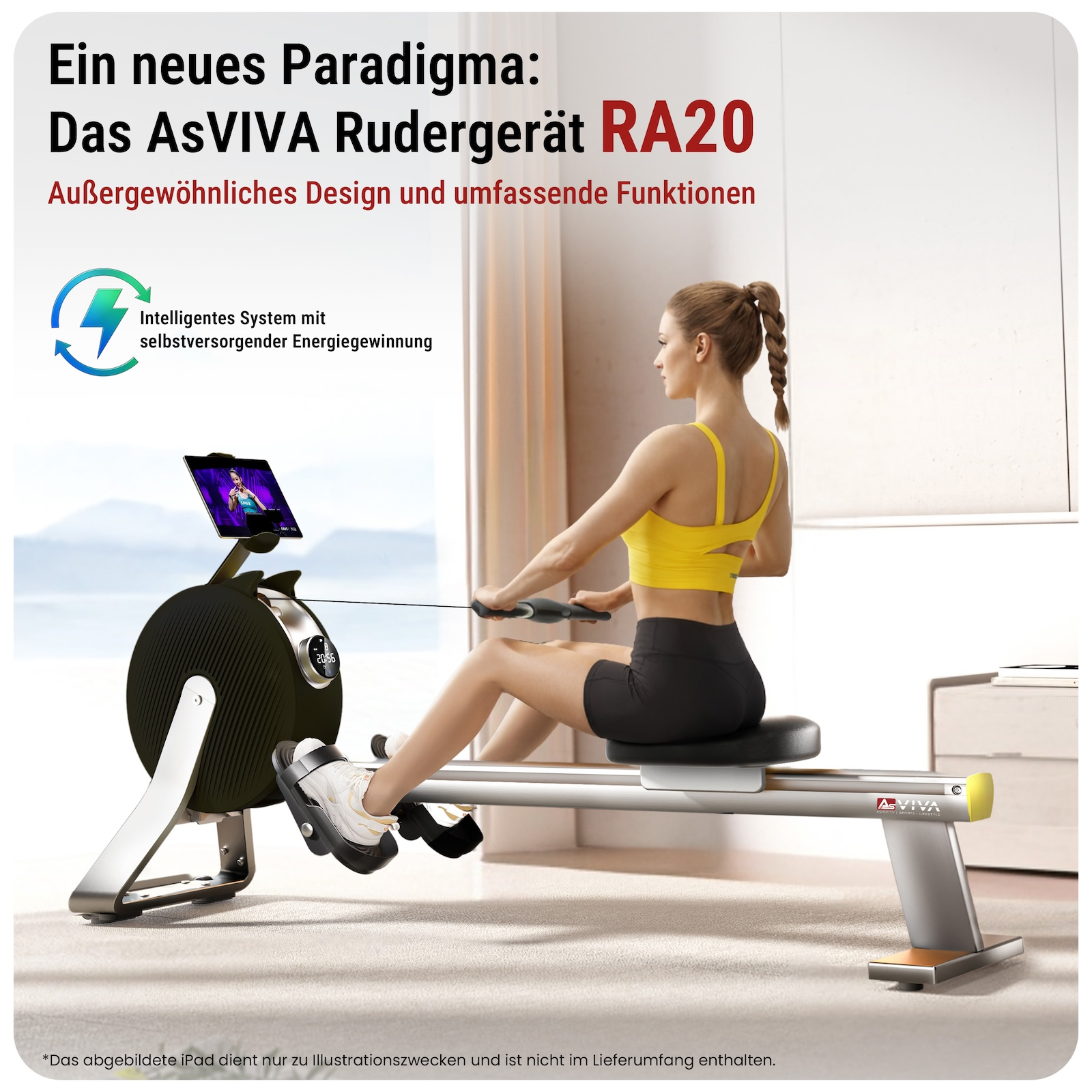 Frau auf einem Rudergerät mit Tablet, das ihr Training anzeigt.