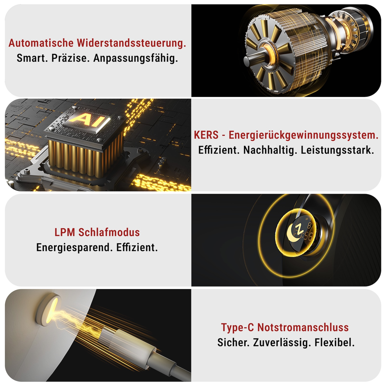 Vier Bilder: Motor, KI-Chip, Timer, USB-C-Anschluss.