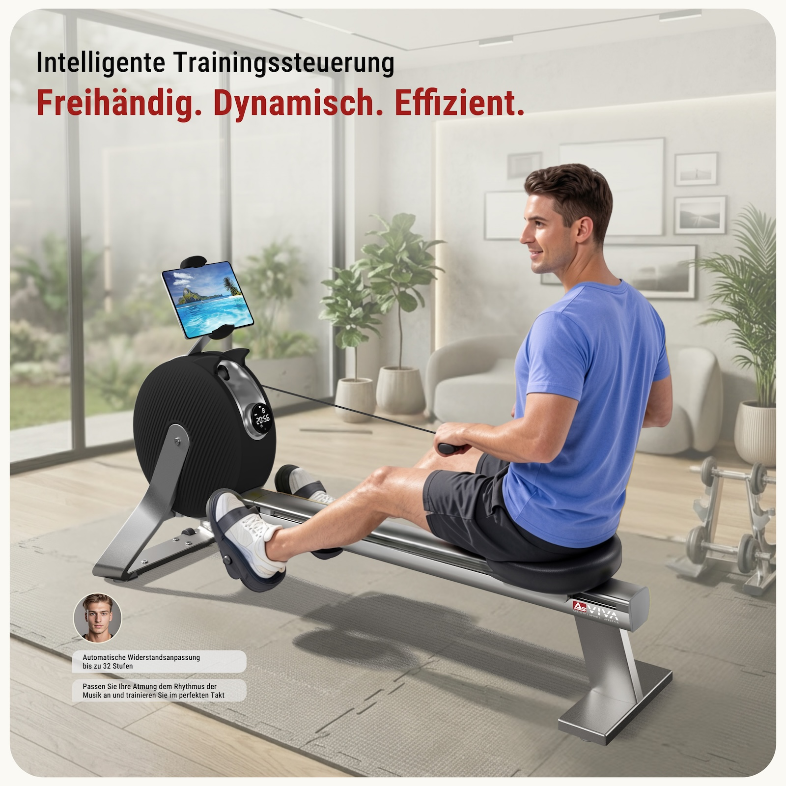 Mann rudert auf einem Ergometer mit Tablet, das eine tropische Szene zeigt.