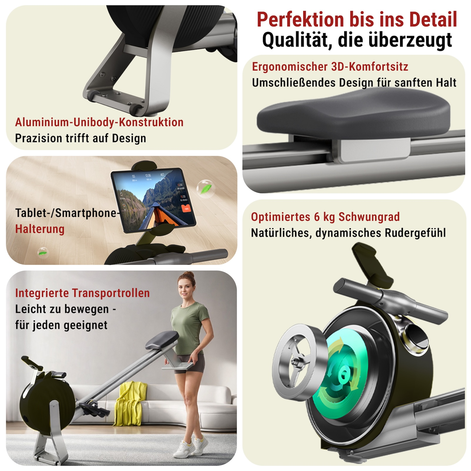 Ein Ergometer mit Aluminiumkonstruktion, Sitz, Tablet-Halterung, Transportrollen und Schwungrad.