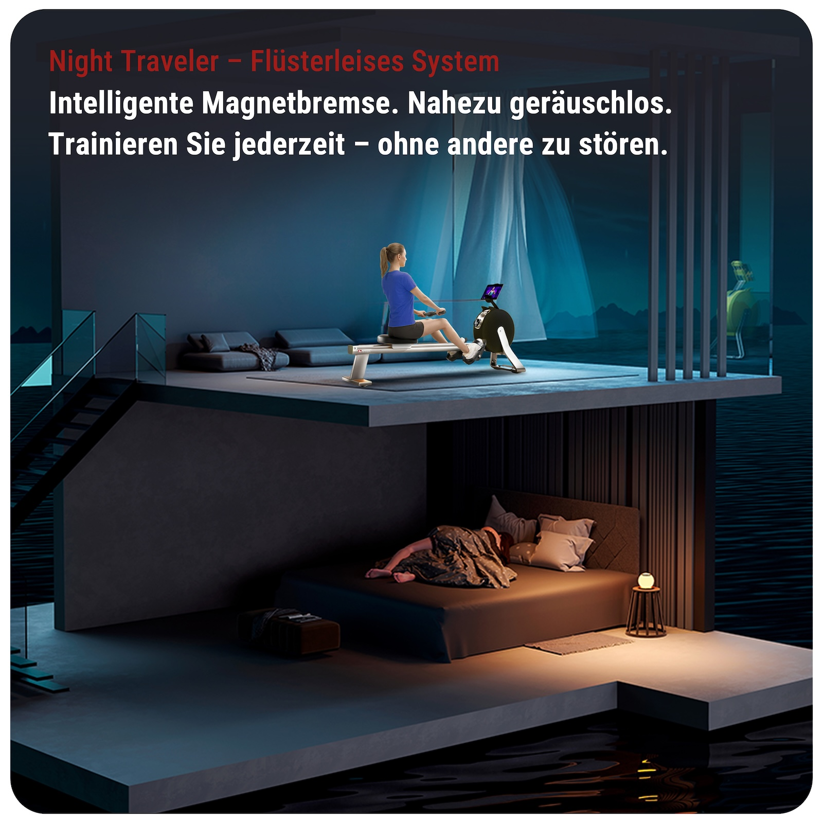 Eine Frau trainiert auf einem Rudergerät, daneben ein Bett mit schlafender Person.