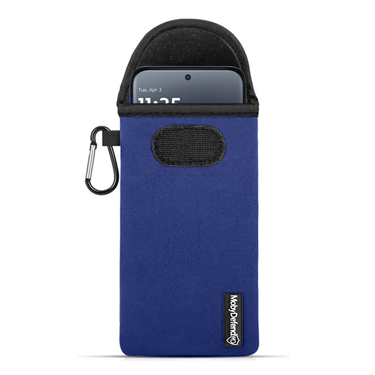 Blauwe telefoonhoes met karabijnhaak. Telefoonscherm toont datum en tijd.