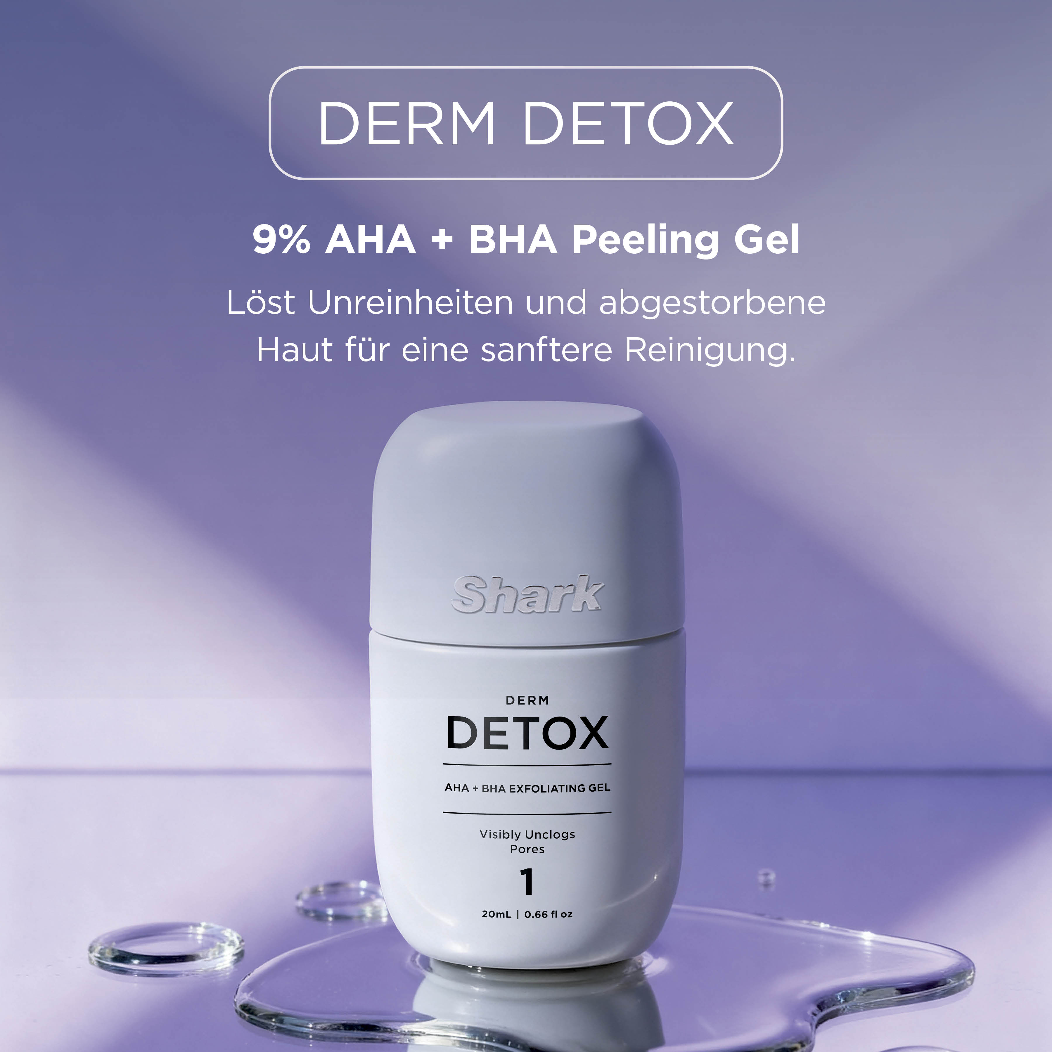 Flacon blanc de Gel Exfoliant AHA + BHA Derm Detox sur fond violet.