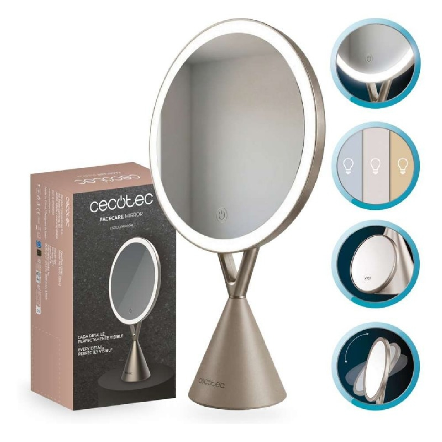 Un espejo cosmético iluminado con base y caja. Varias vistas muestran detalles.