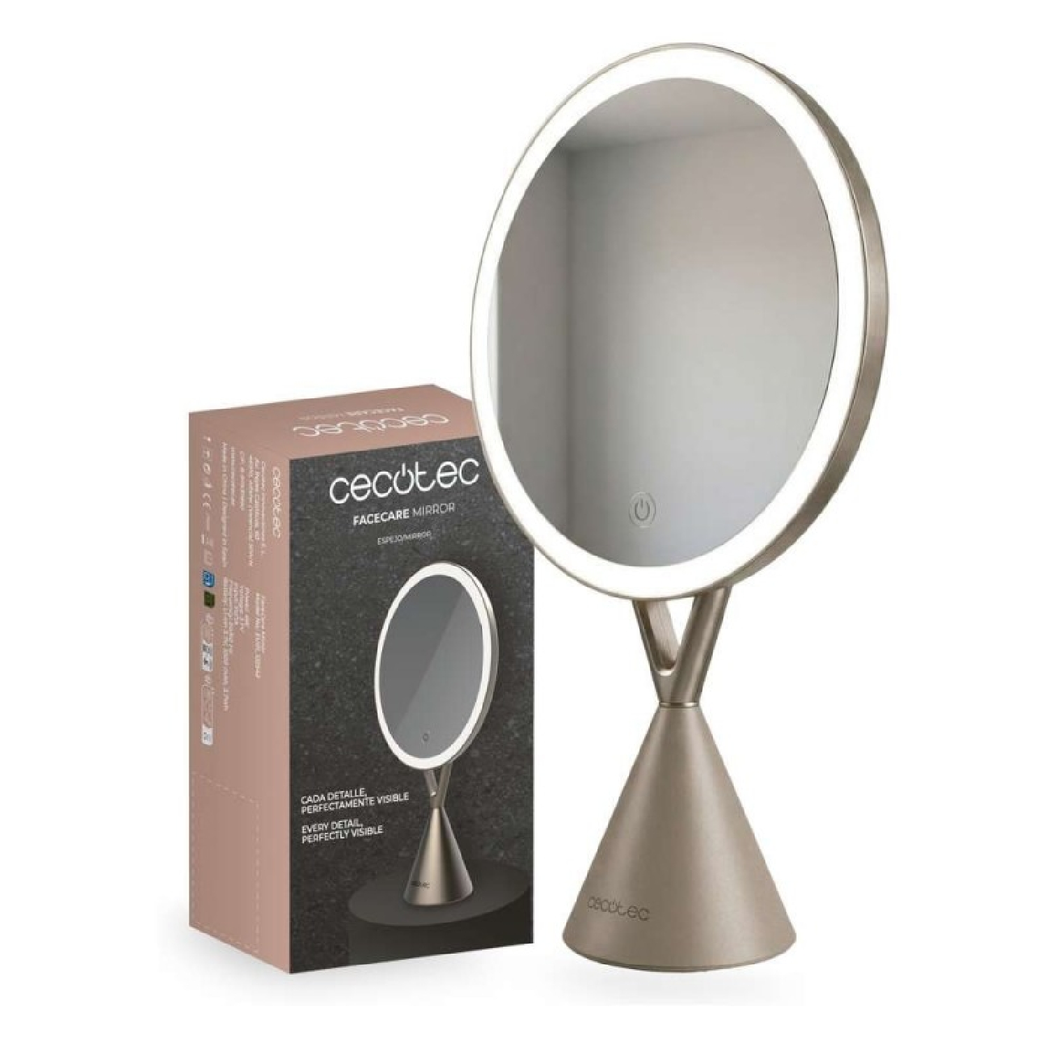 Un espejo de maquillaje iluminado con base cónica junto a su caja.