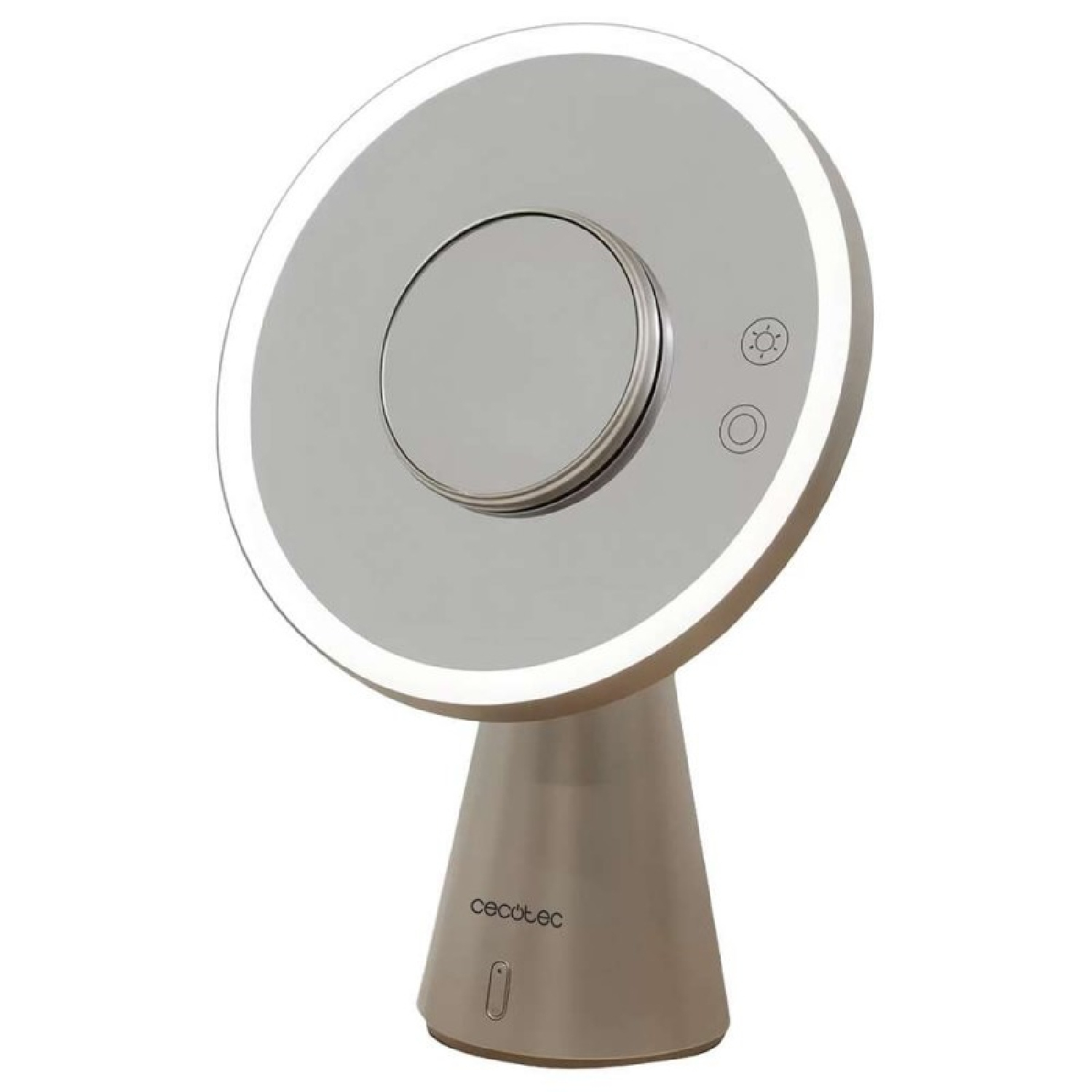 Uno specchio per il trucco illuminato con cornice argentata e base conica.