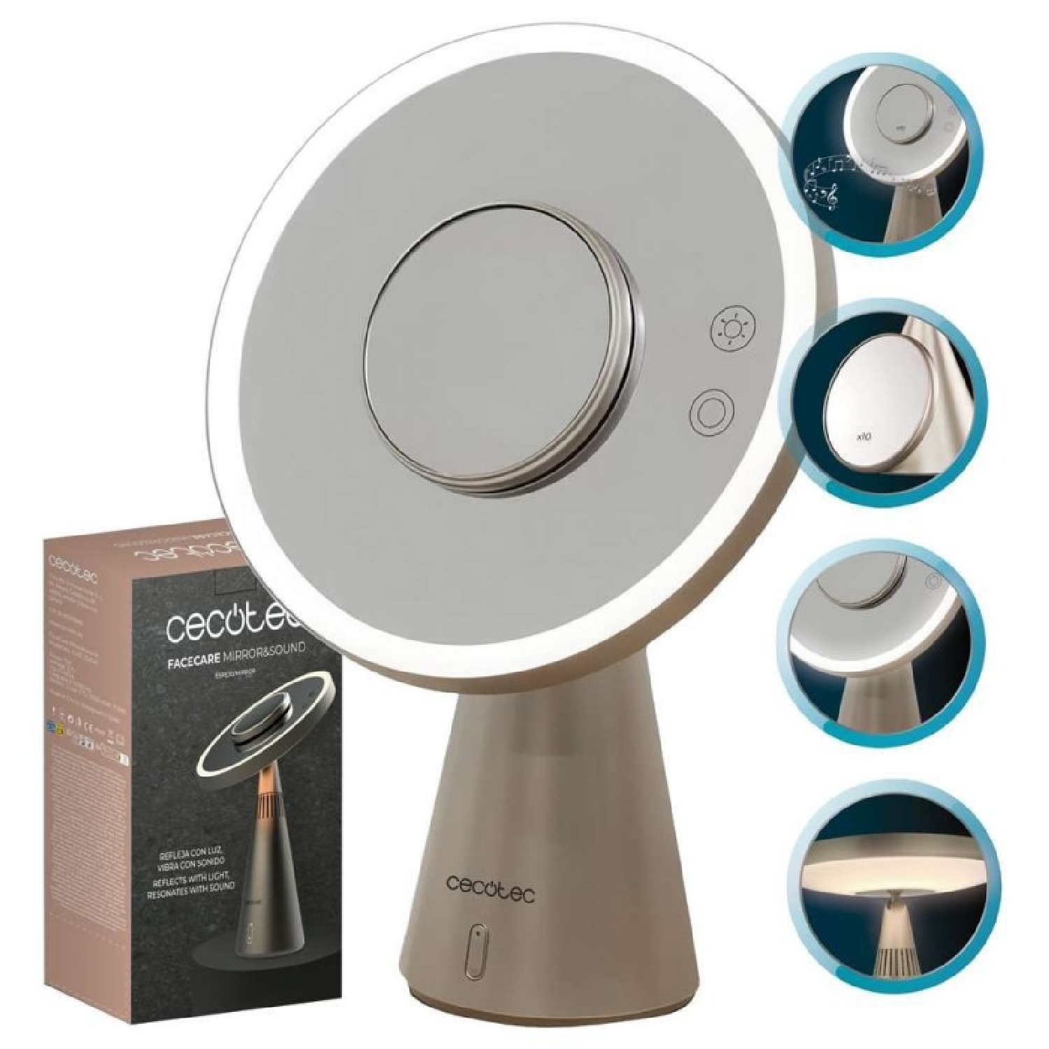 Uno specchio per il viso Cecotec con funzioni di luce e suono, mostrato con la sua scatola.