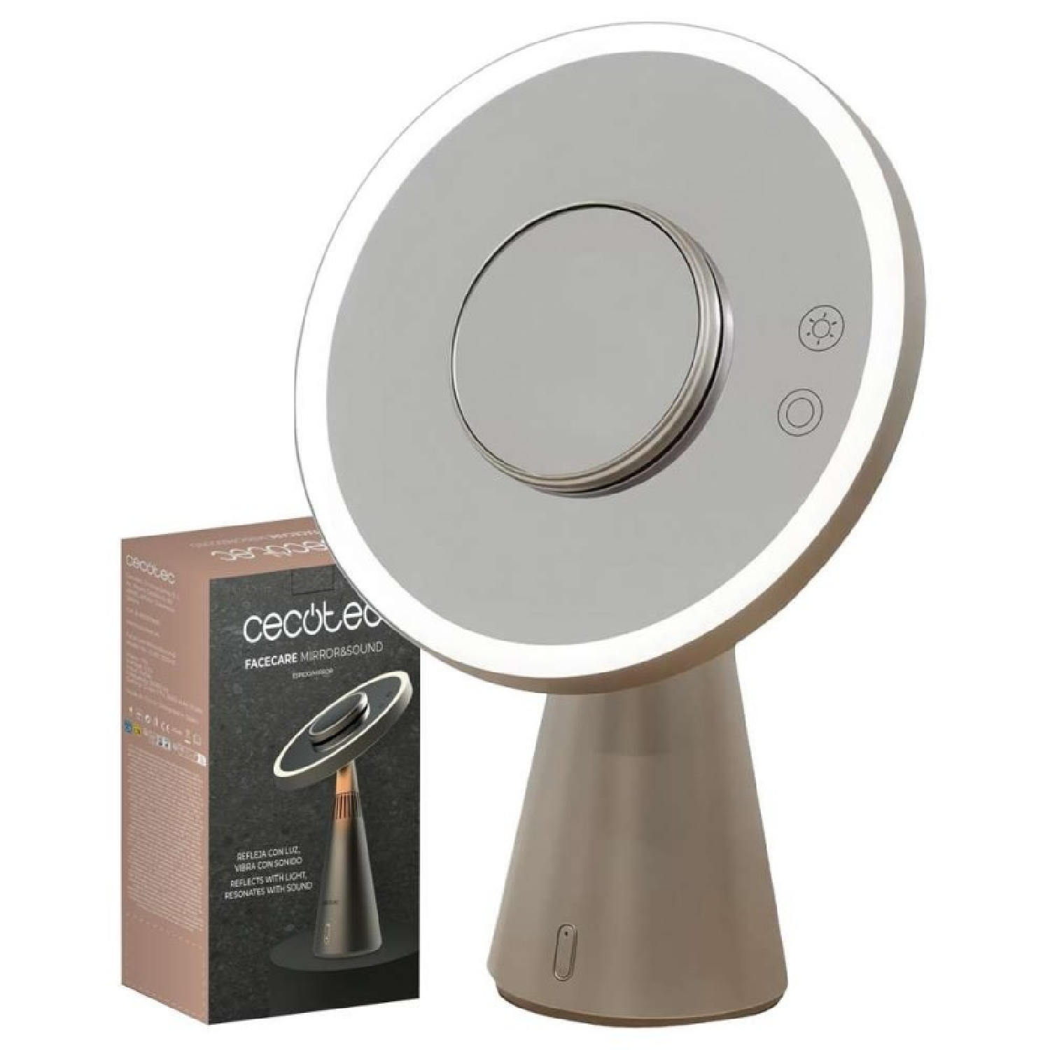 Uno specchio per il trucco illuminato con altoparlante e la sua scatola accanto.