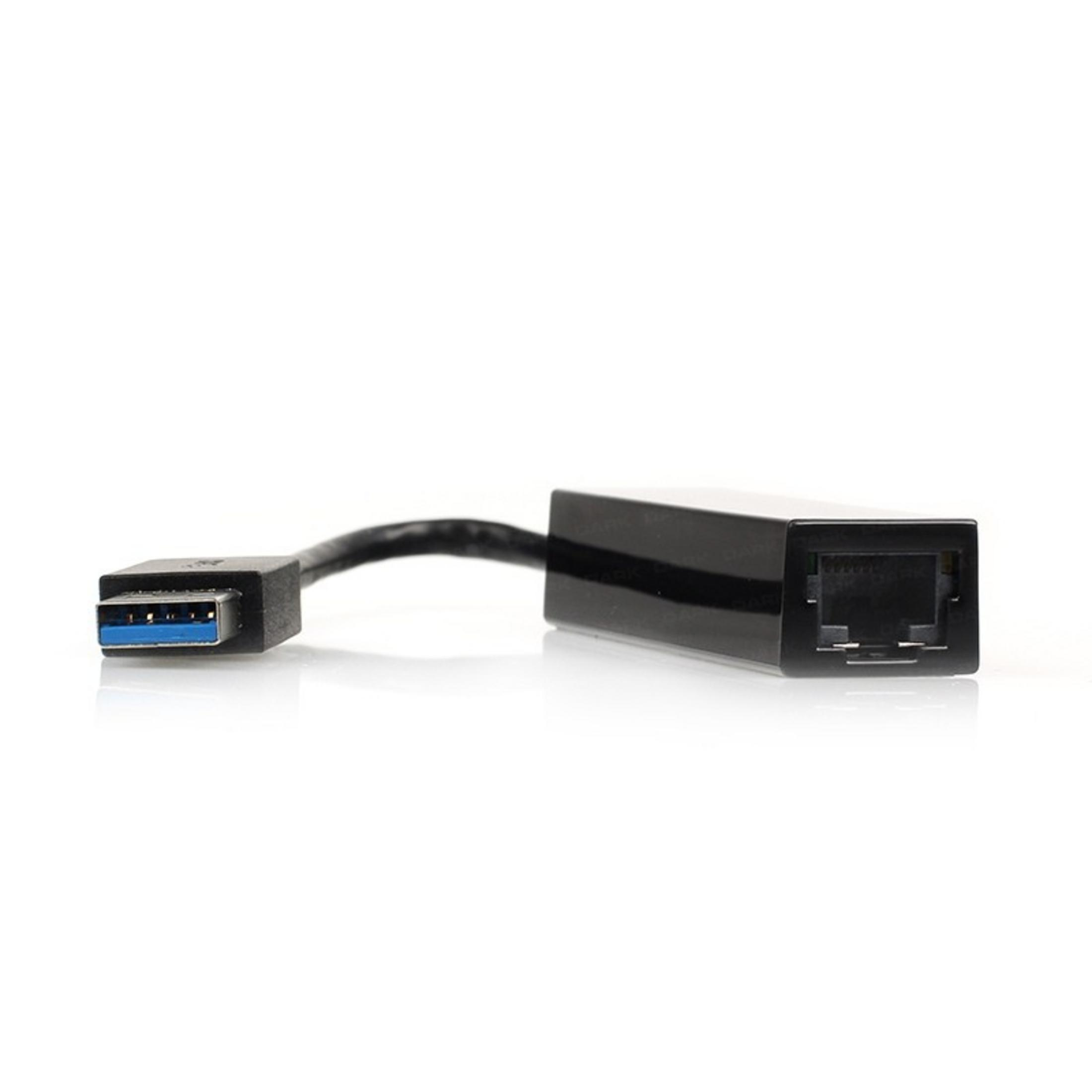 Mavi USB 3.0 konektörlü siyah USB - Ethernet adaptörü.