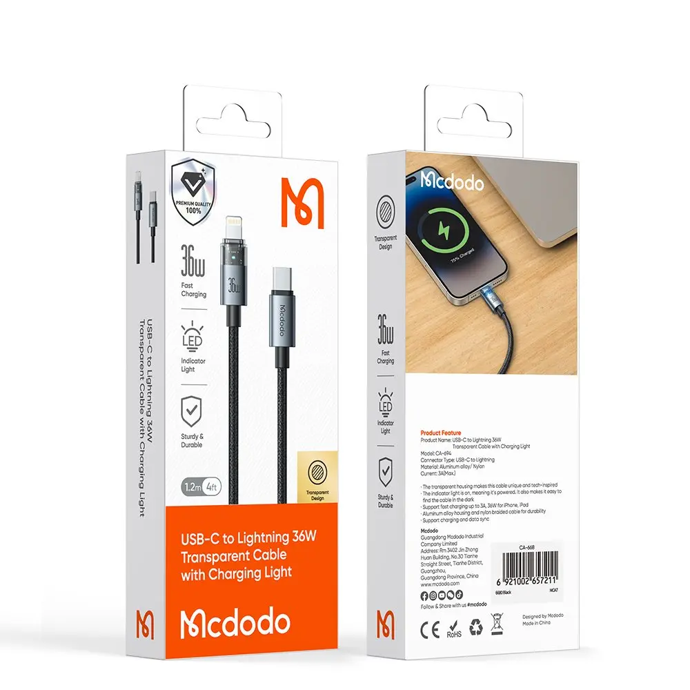 Şarj ışıklı 36W USB-C - Lightning kablo ambalajı.