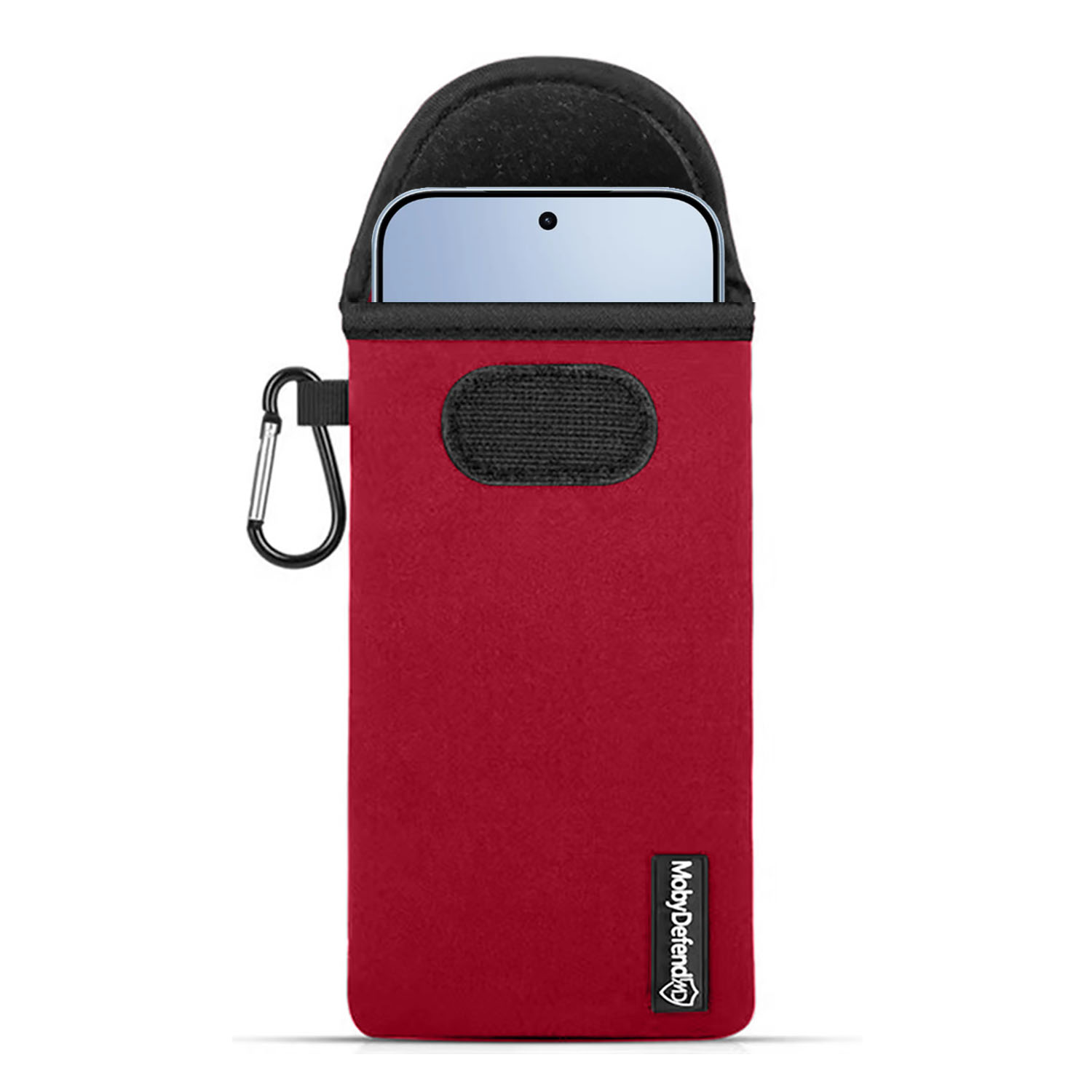 Pochette téléphone rouge avec mousqueton et téléphone visible.