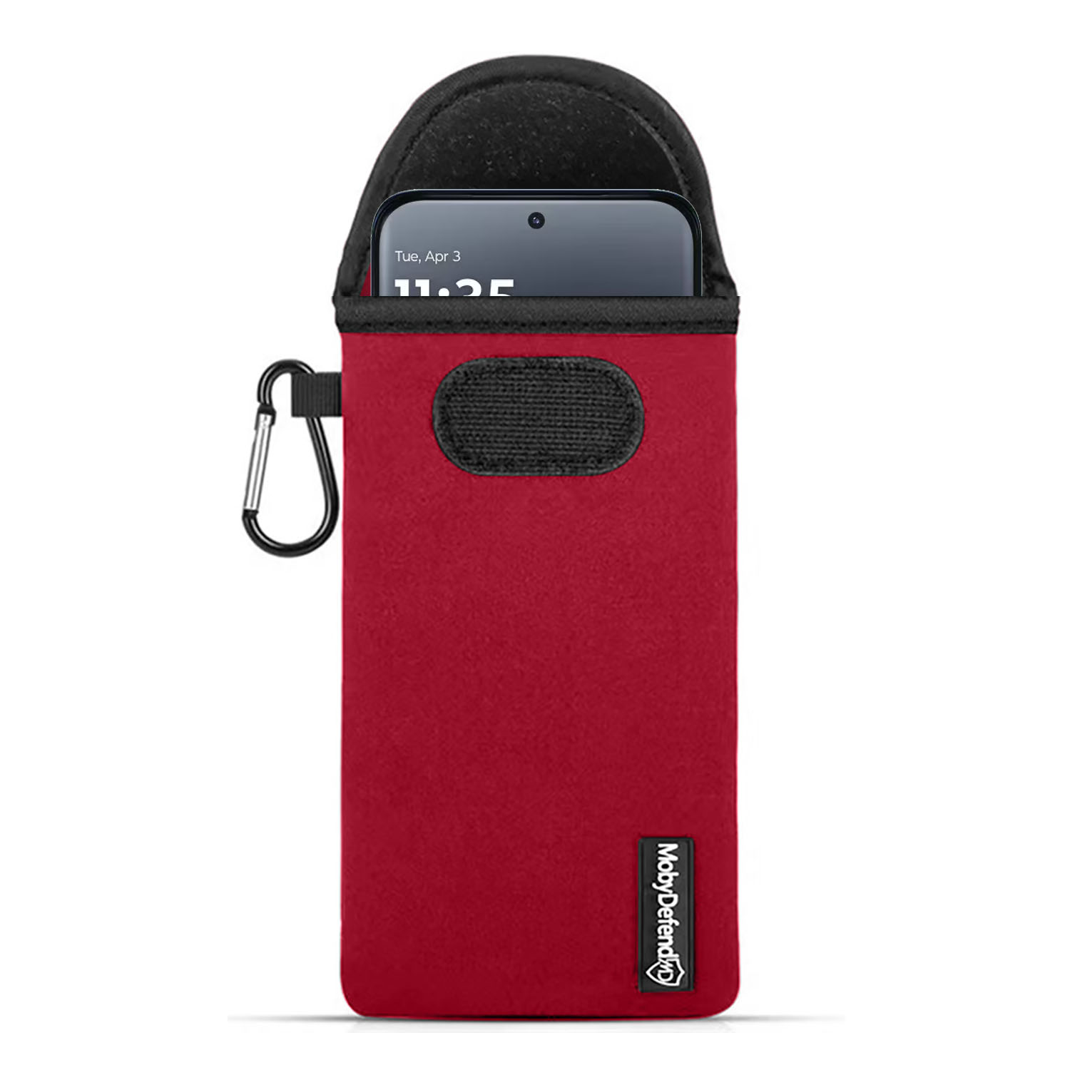 Rode telefoonhoes met karabijnhaak en klittenband, smartphone-scherm zichtbaar.