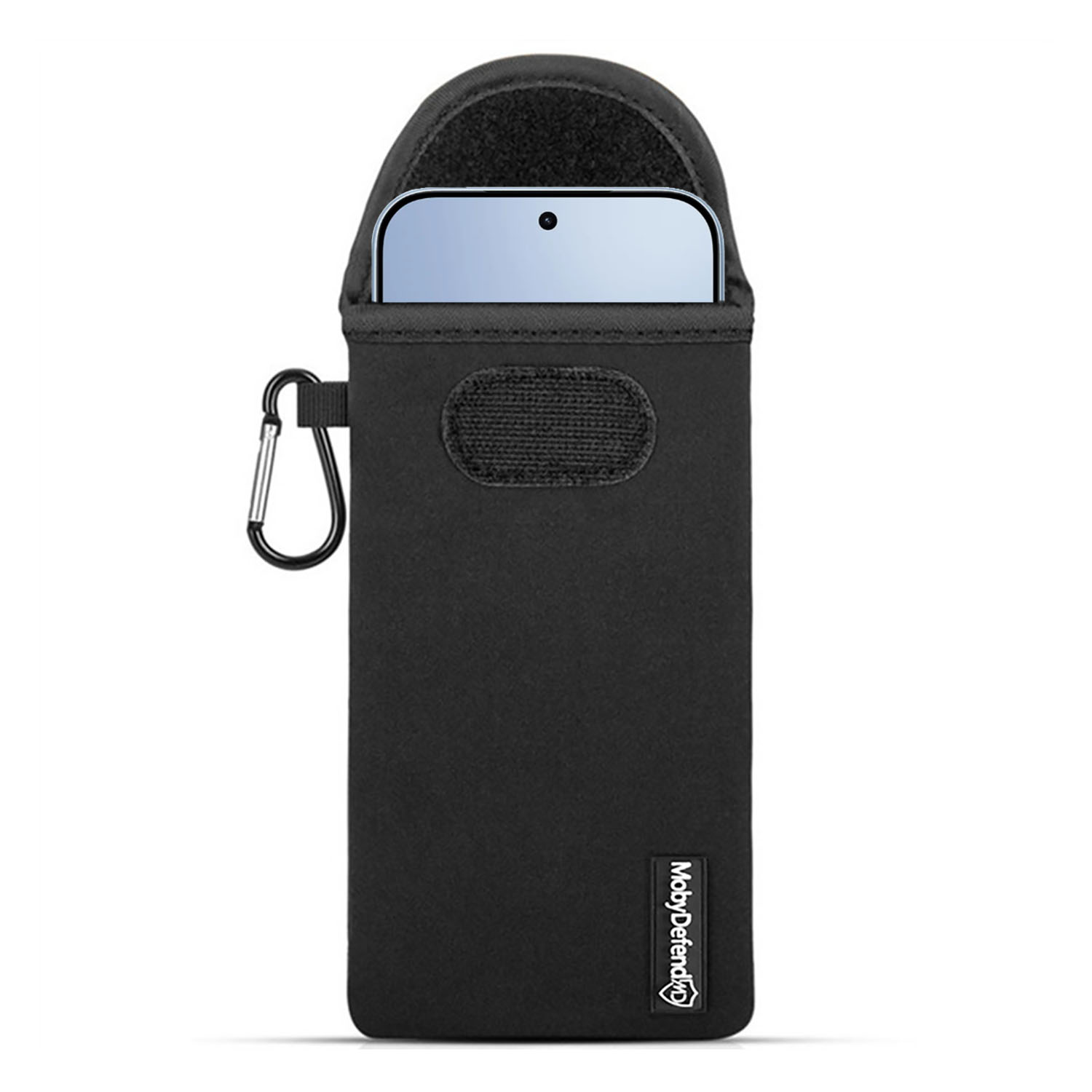 Pochette noire pour téléphone avec mousqueton et fermeture velcro, téléphone visible.