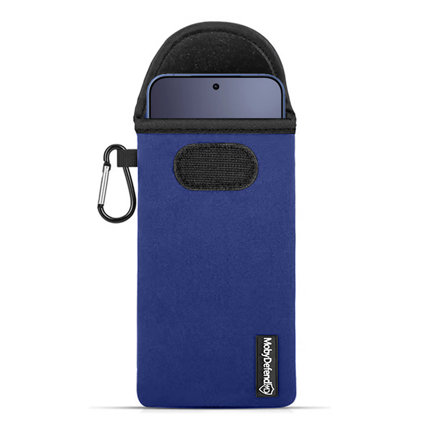 Blauw telefoonhoesje met karabijnhaak en klittenband, deels zichtbare smartphone.