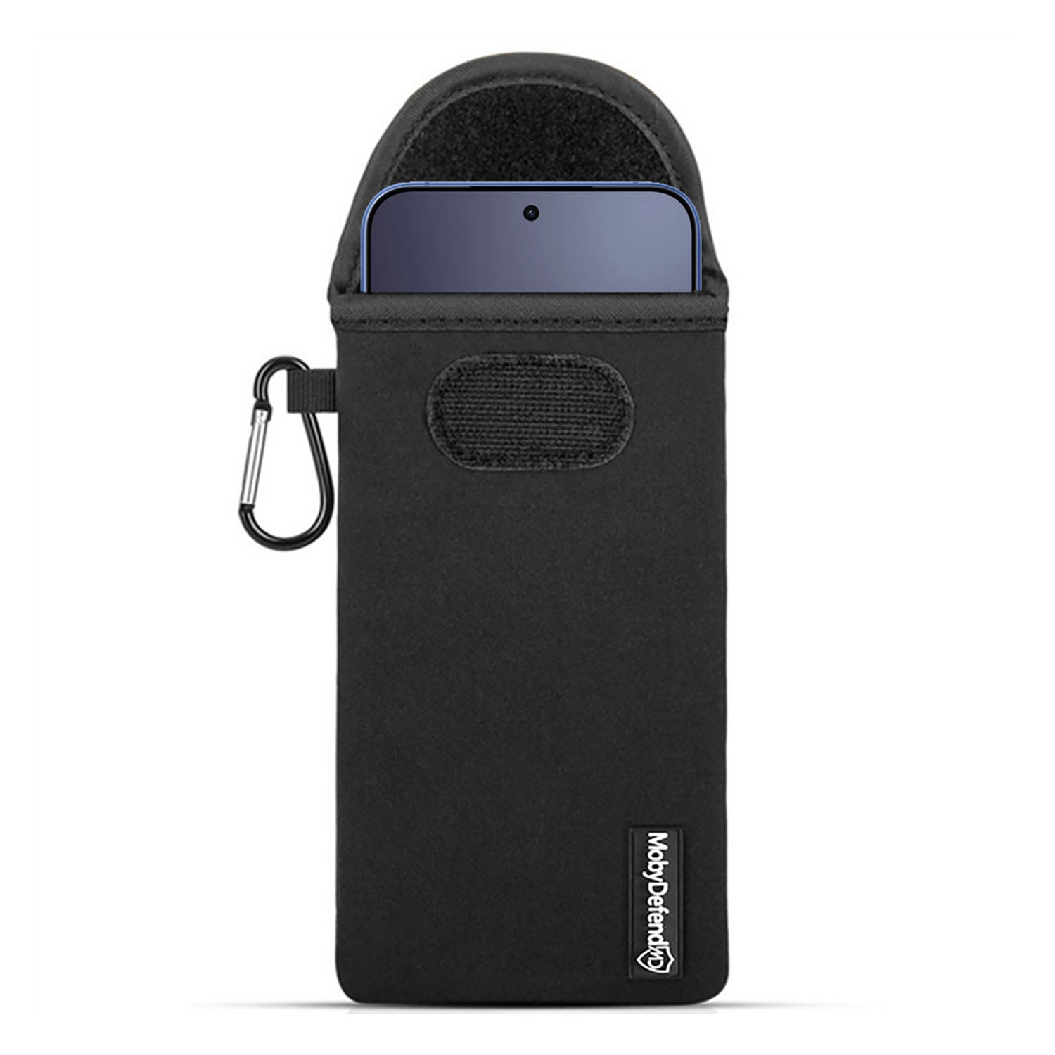 Zwarte telefoonhoes met karabijnhaak en klittenband, deels zichtbare smartphone.