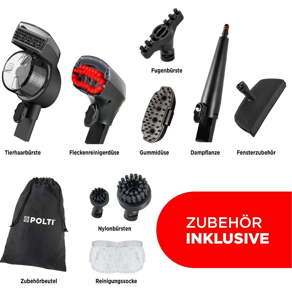 Vari accessori per pulitore a vapore, inclusi spazzole e ugelli, disposti.