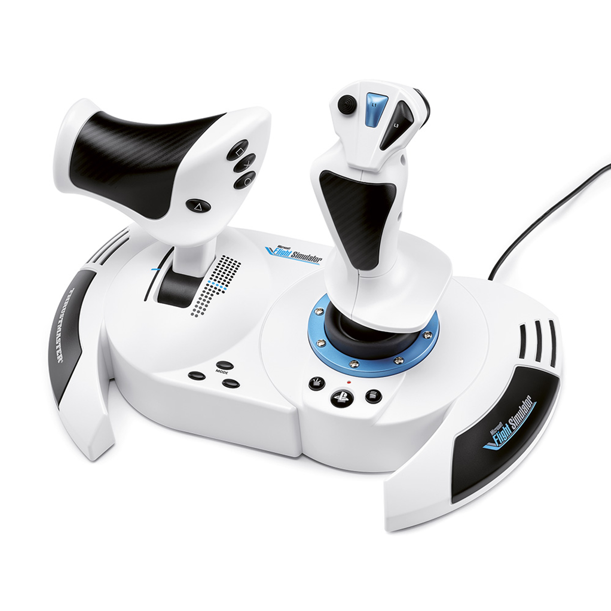 Joystick y acelerador blanco para simulador de vuelo con detalles negros y ribete azul.