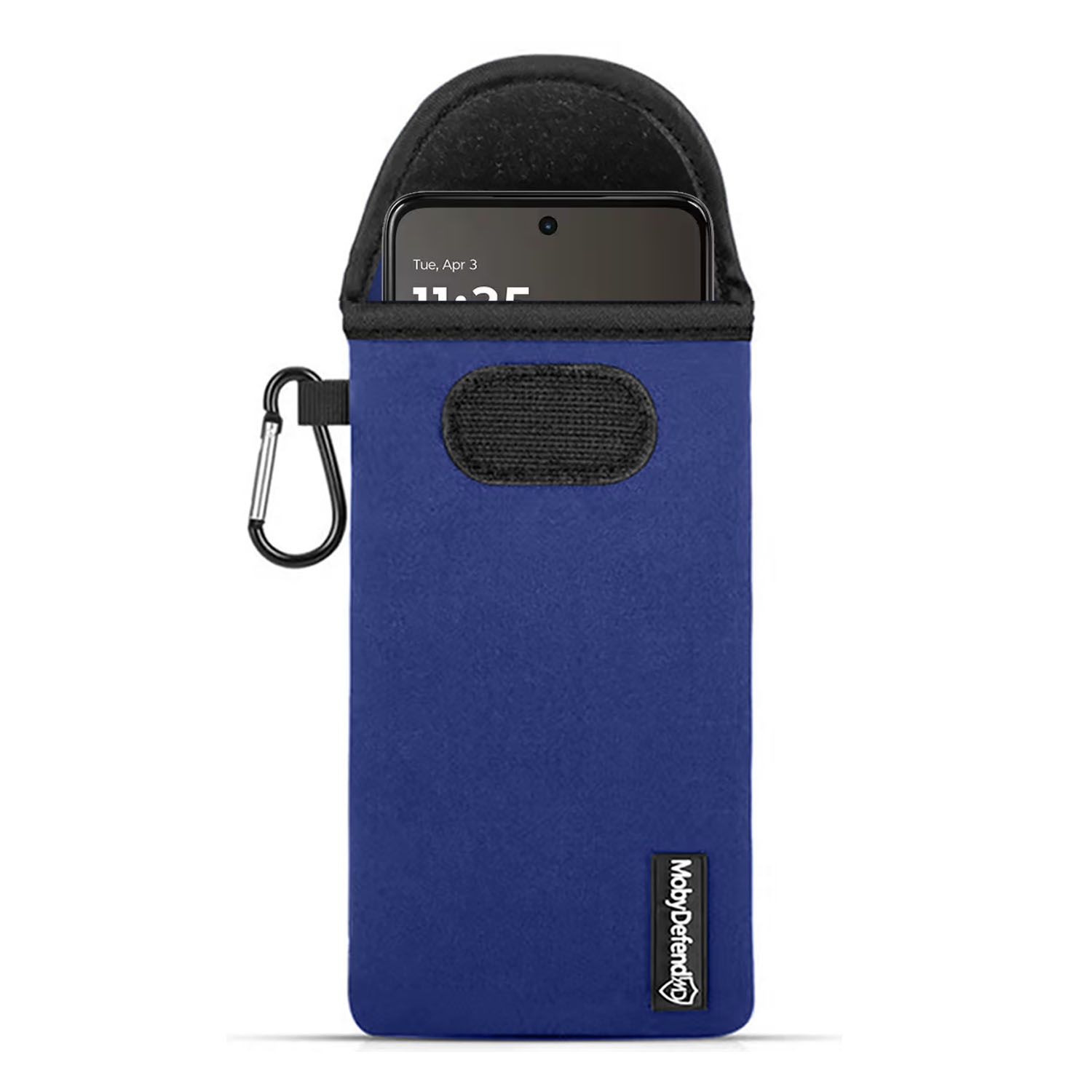 Pochette bleue pour téléphone avec mousqueton et velcro. Une partie du smartphone est visible.