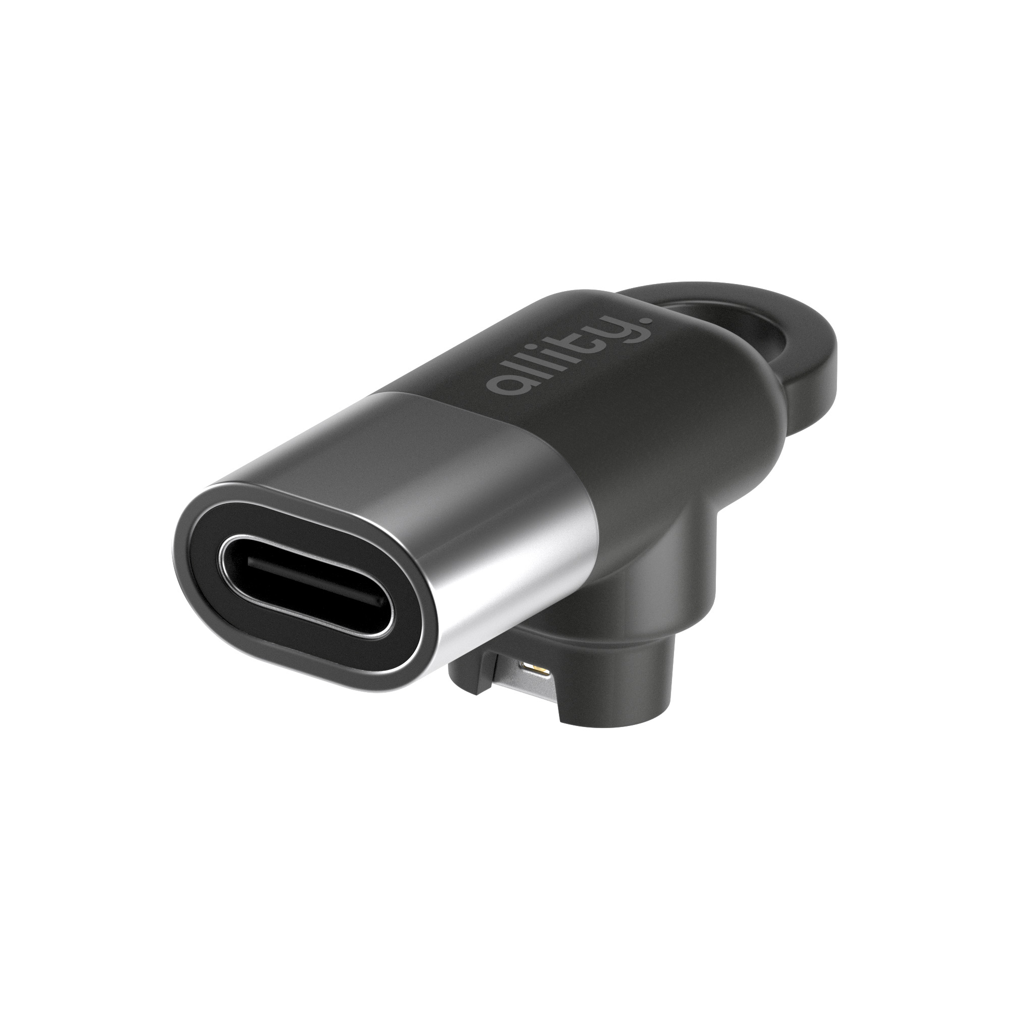 Czarny adapter USB-C ze srebrną końcówką i portem ładowania.