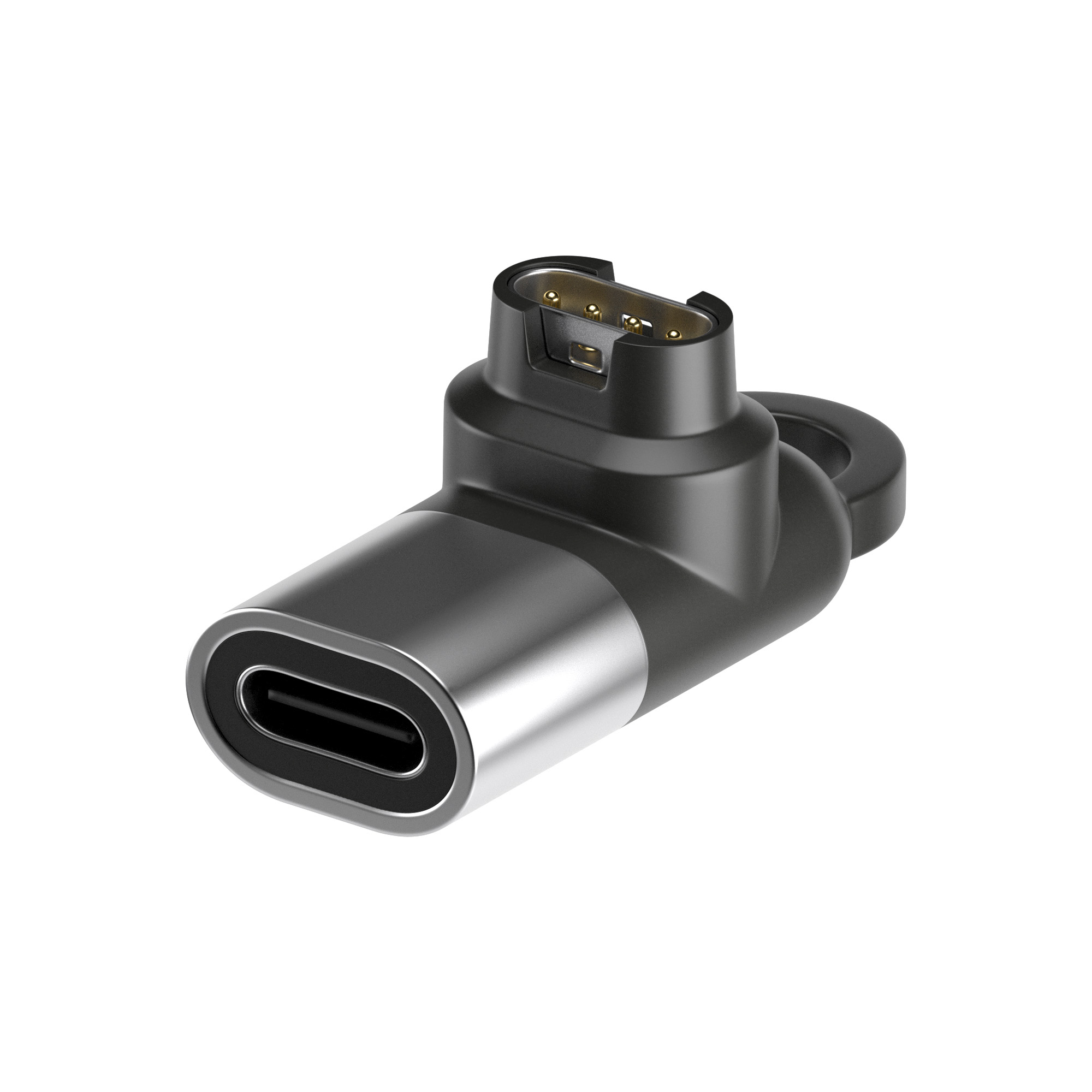Czarny adapter USB-C ze srebrną krawędzią i złotymi pinami.