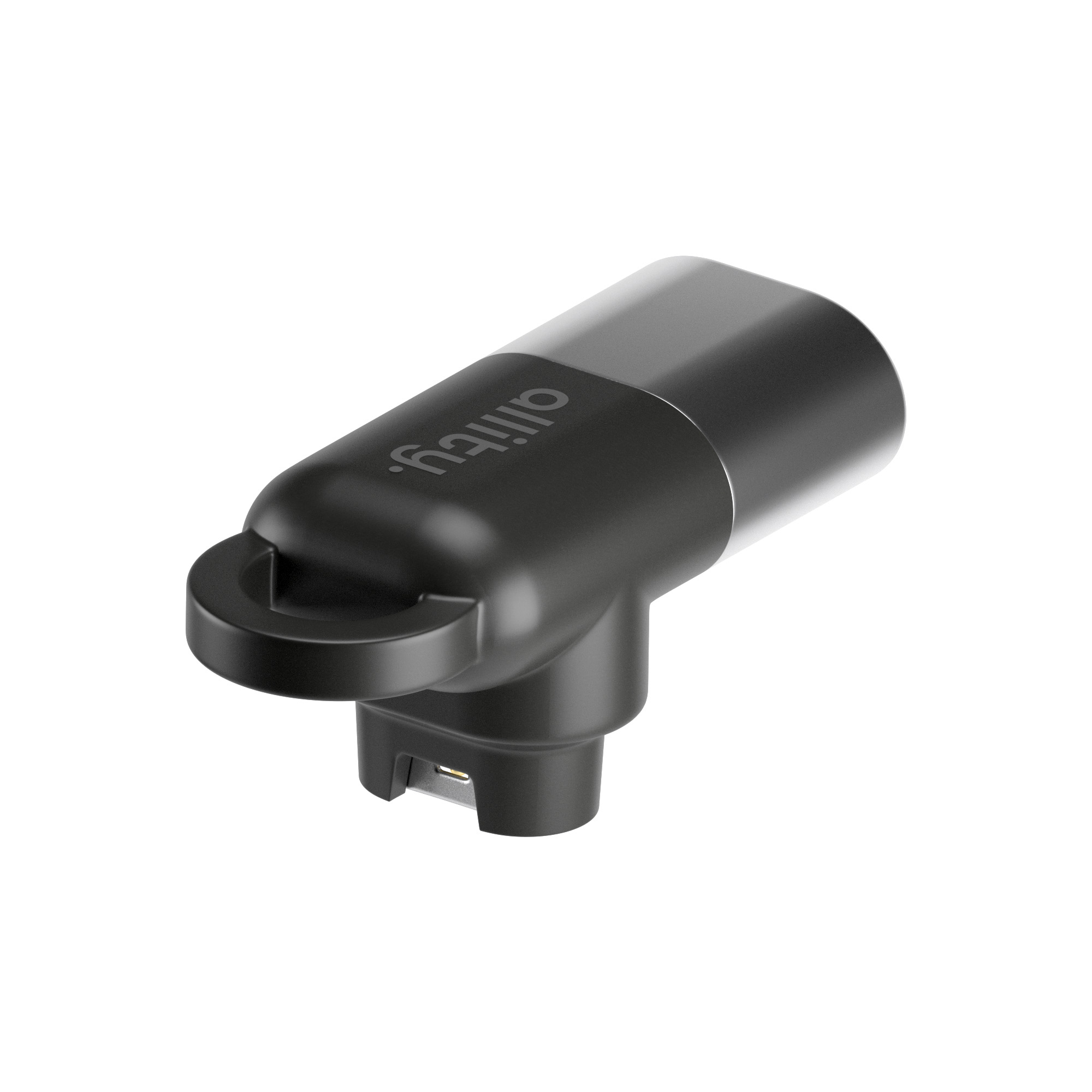 Czarny adapter z logo "allity" i złączem USB.