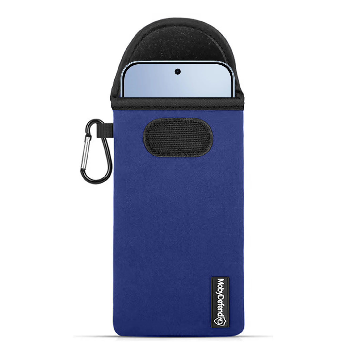 Pochette bleue pour téléphone avec mousqueton et velcro. Montre partiellement l'écran du téléphone.