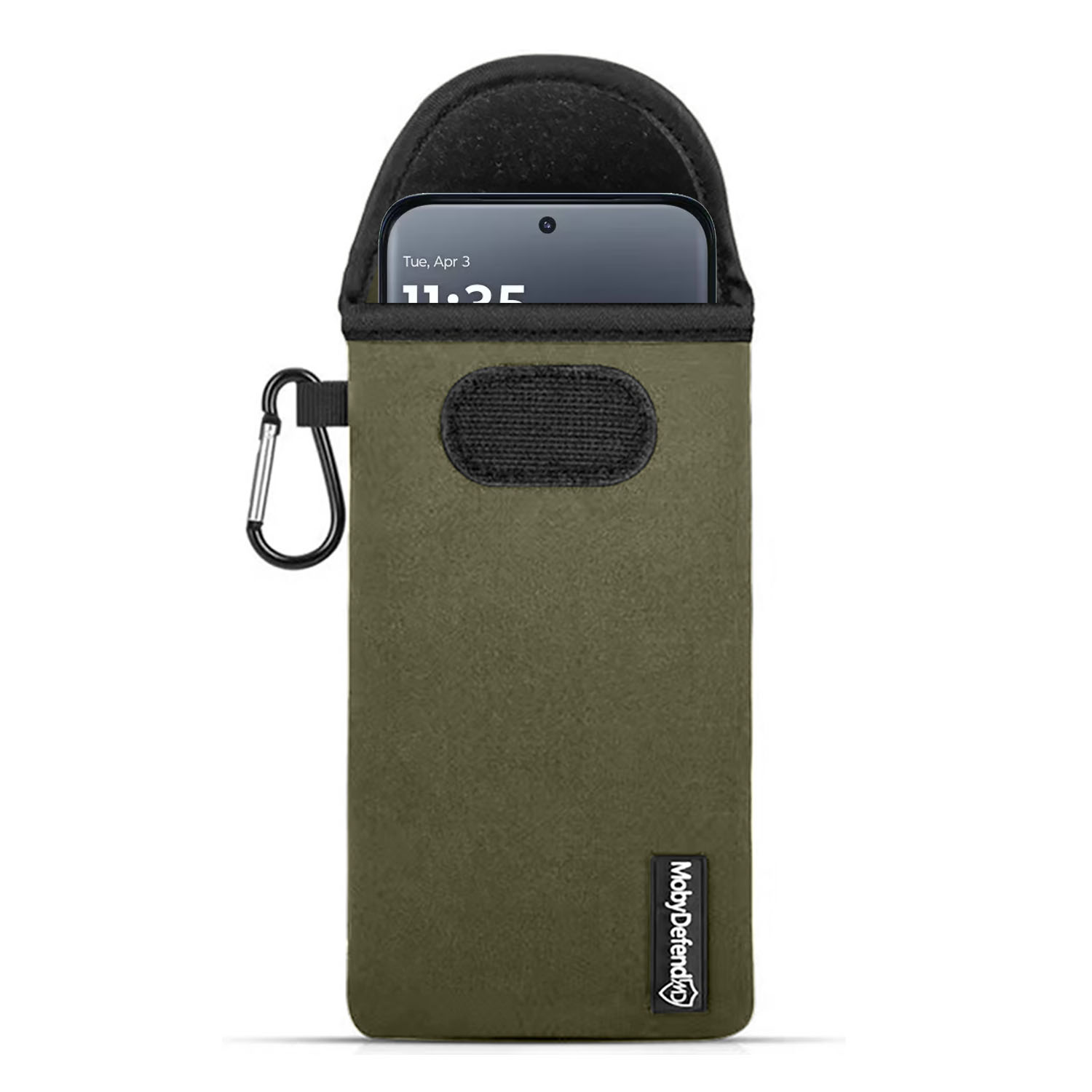 Étui de téléphone vert avec mousqueton et écran de smartphone partiellement visible.