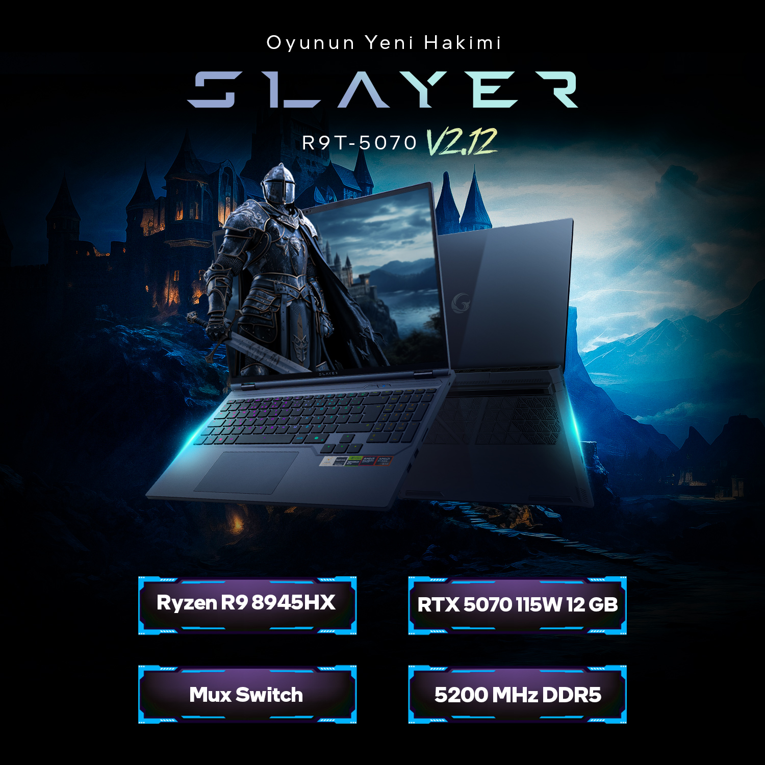 Şövalye grafikli oyuncu dizüstü bilgisayarı, Ryzen R9, RTX 5070, Mux Switch, 5200MHz DDR5.