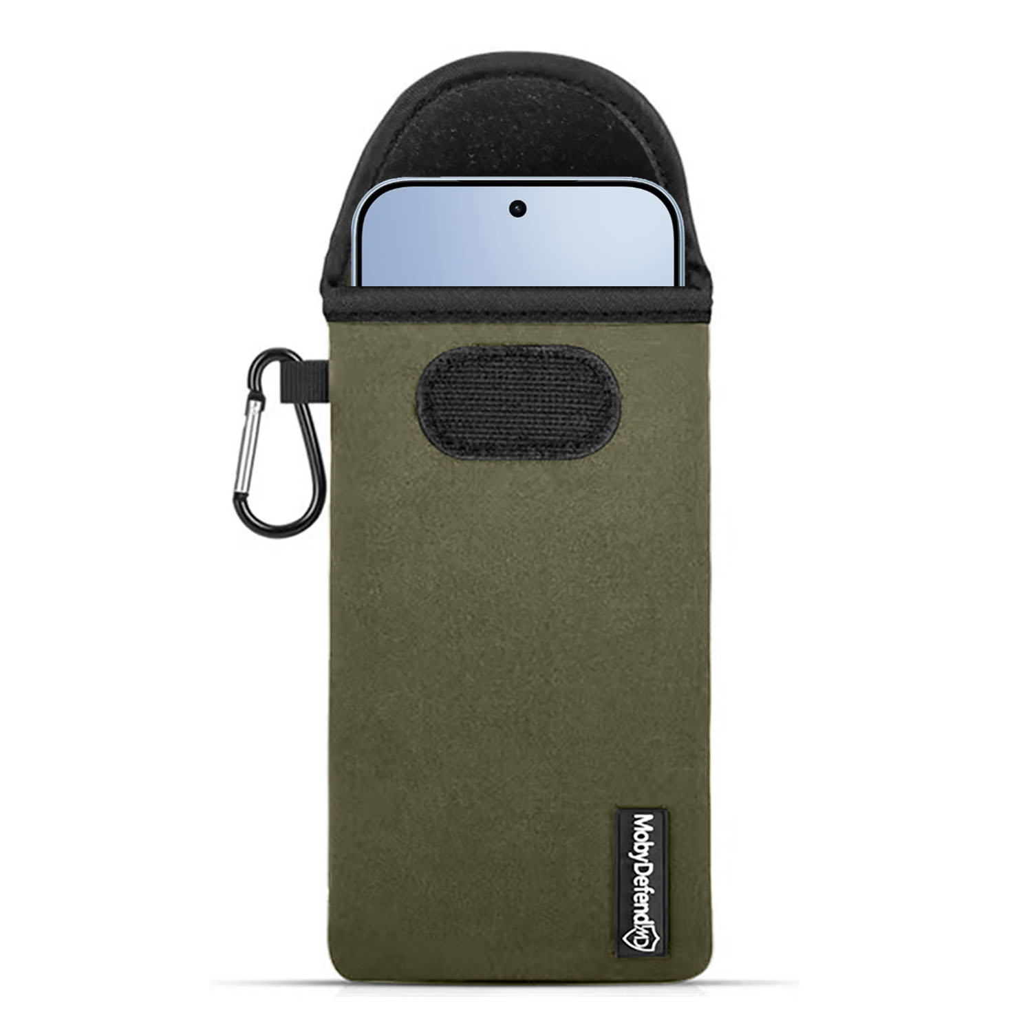 Pochette verte pour téléphone avec mousqueton et bordure noire. Un téléphone dépasse.
