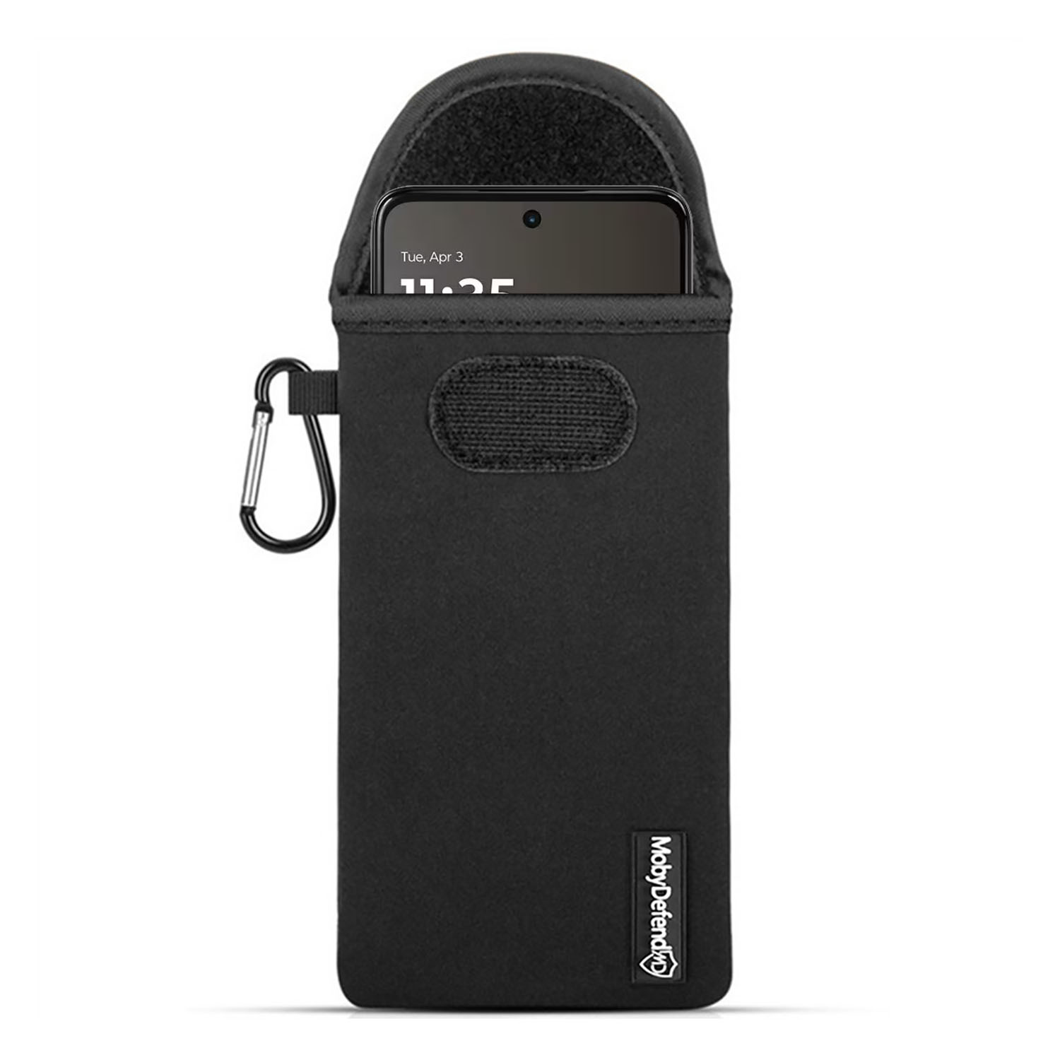Pochette noire pour téléphone avec mousqueton et velcro, téléphone visible.