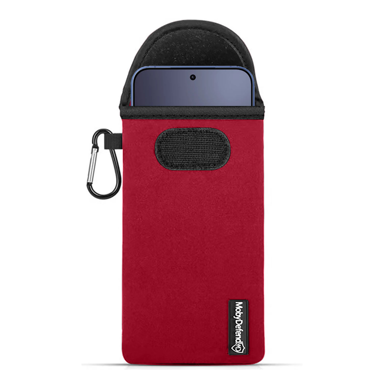 Rode telefoonhoes met karabijnhaak en klittenband. Deel van een smartphone zichtbaar.