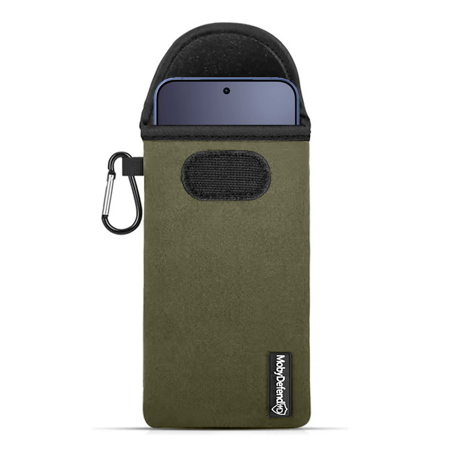 Groene telefoonhoes met karabijnsluiting en gedeeltelijk zichtbare smartphone.