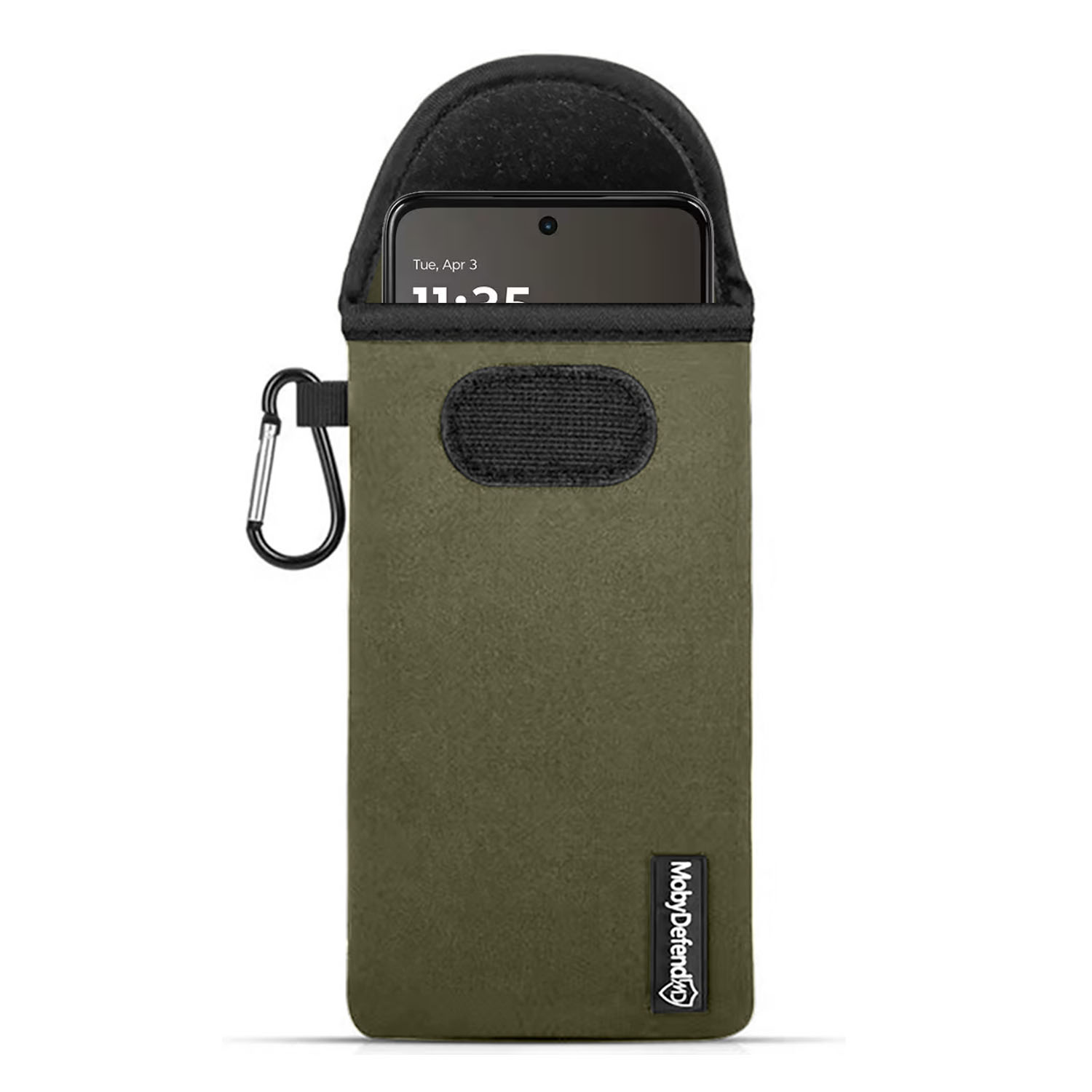 Pochette verte pour téléphone avec mousqueton et smartphone partiellement visible.