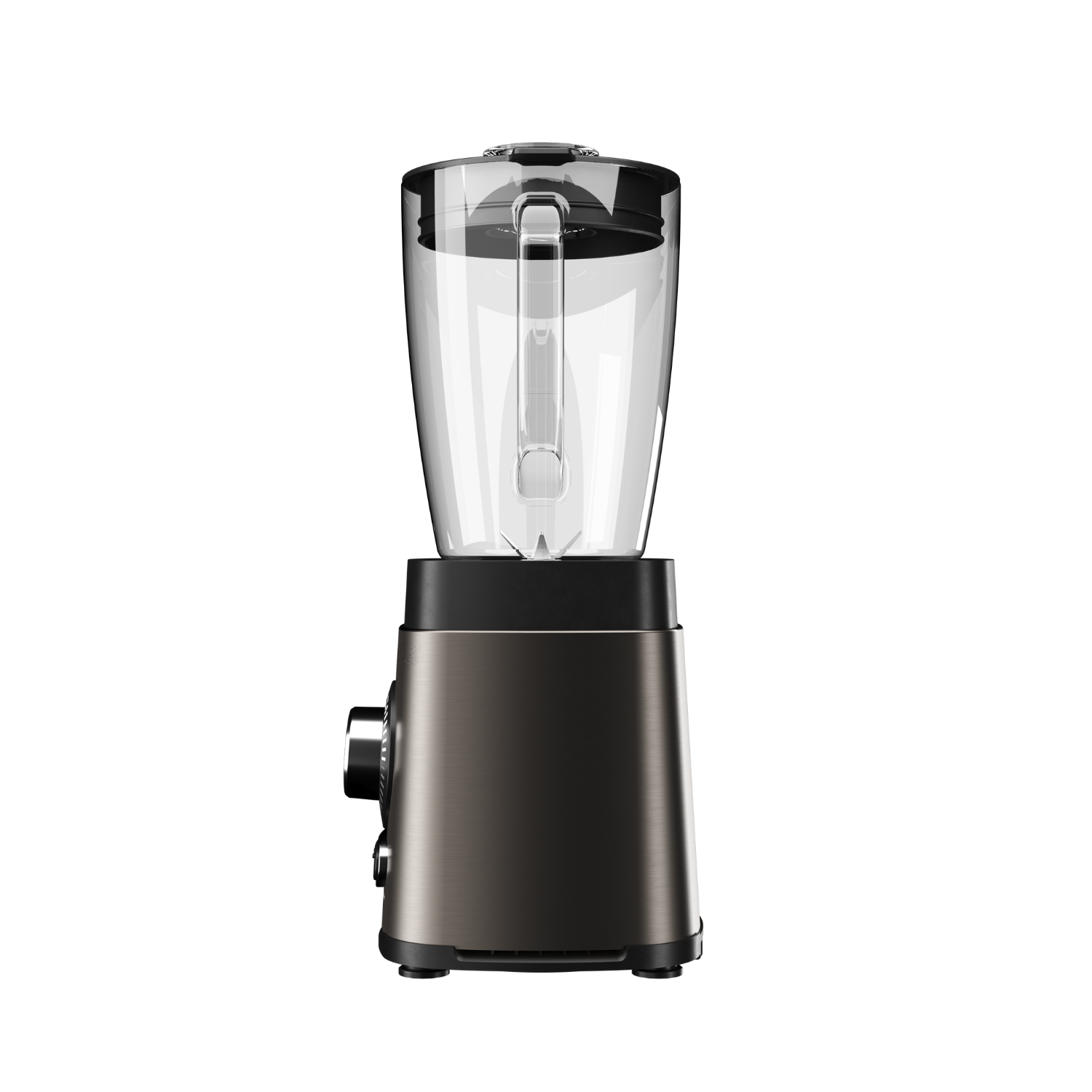 Błyszczący srebrny blender z czarną pokrywką i szklanym dzbankiem.