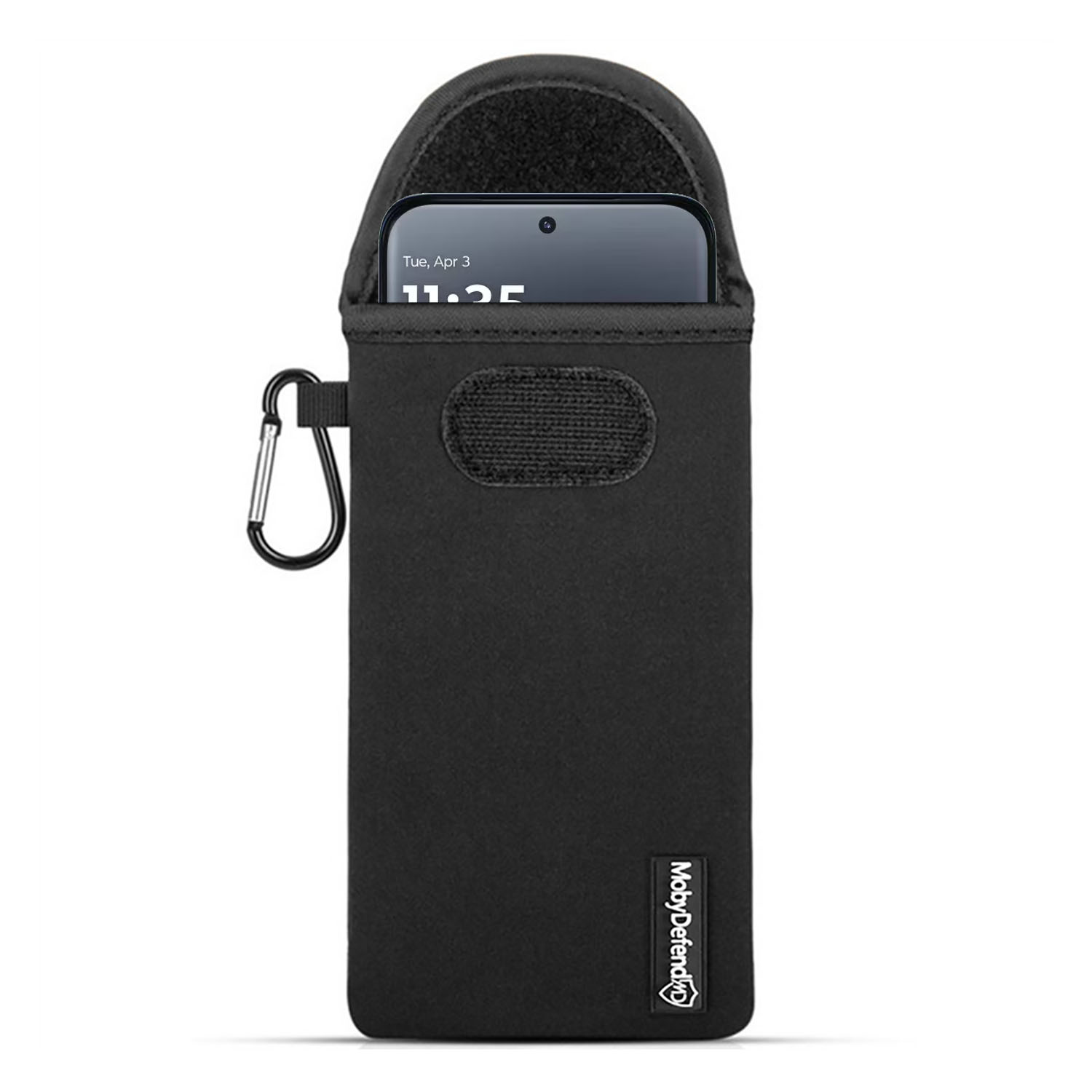 Zwarte telefoonhoes met karabijnhaak en klittenband, telefoonscherm zichtbaar.