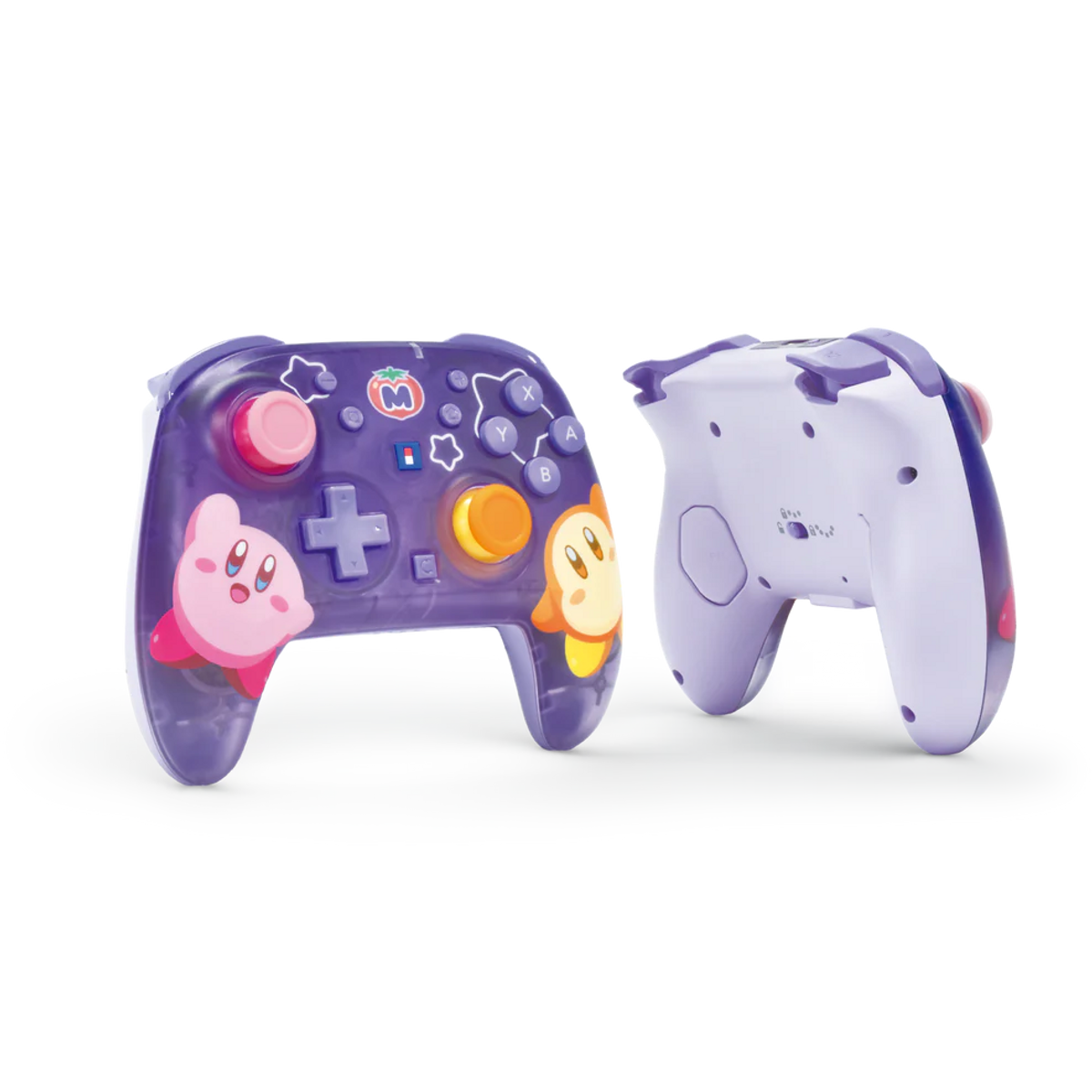 Dos mandos de juego morados temáticos de Kirby. Uno muestra botones frontales, el otro la parte trasera.