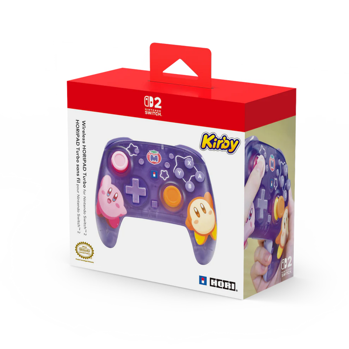 Mando morado de Nintendo Switch con gráficos de Kirby en la caja.