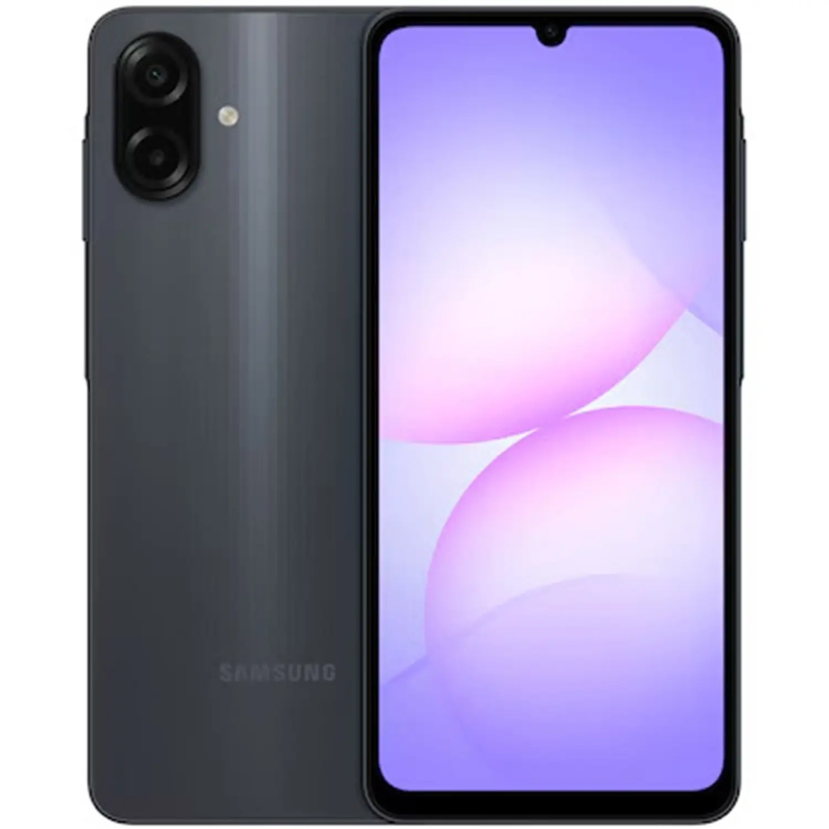 Uno smartphone Samsung scuro con due fotocamere posteriori, mostra un'immagine di sfondo viola e bianca.