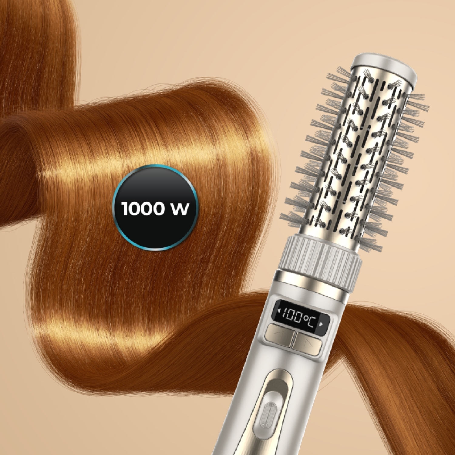 Un cepillo giratorio plateado de 1000W con pantalla digital junto a cabello castaño.