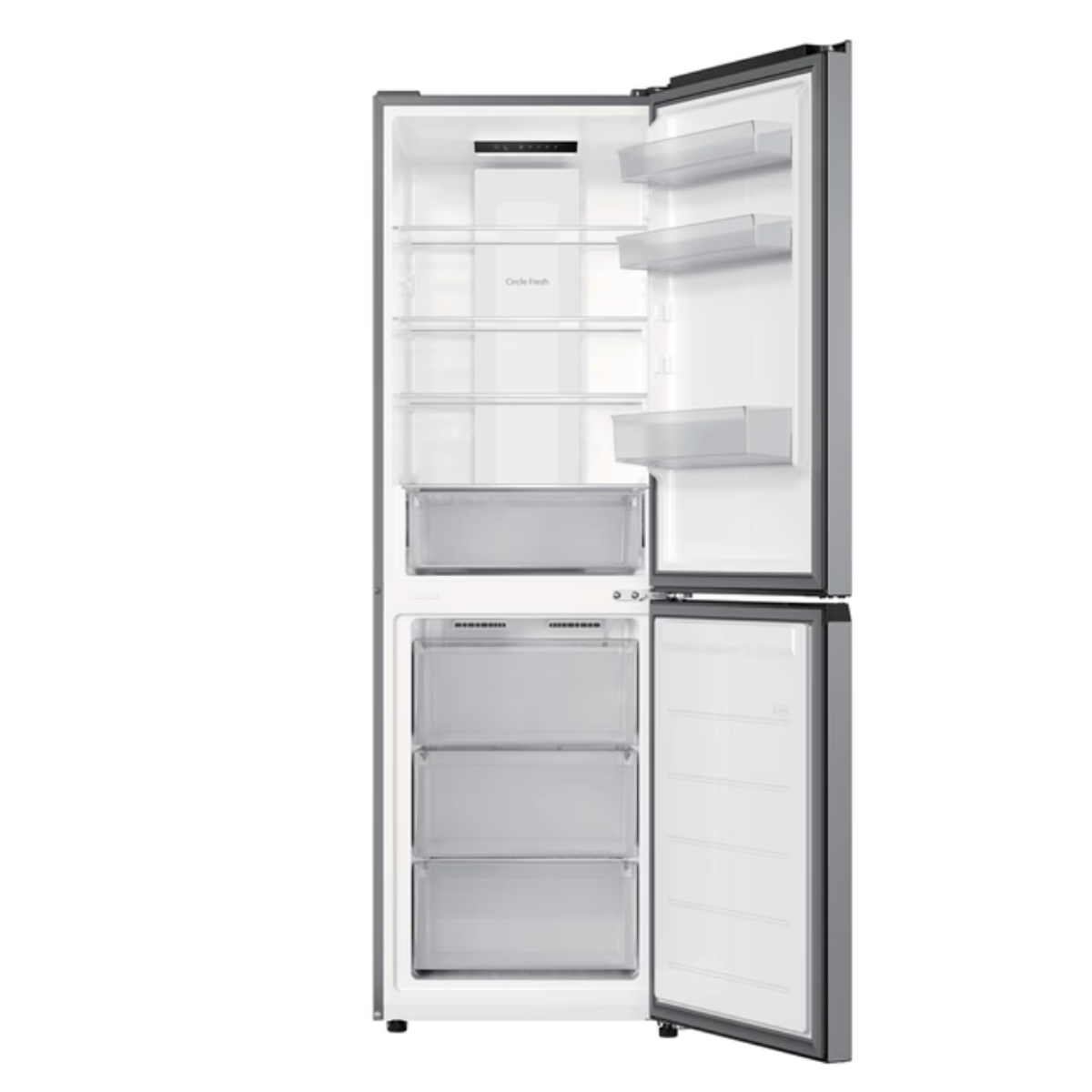 Refrigerador gris abierto con múltiples estantes y cajones.