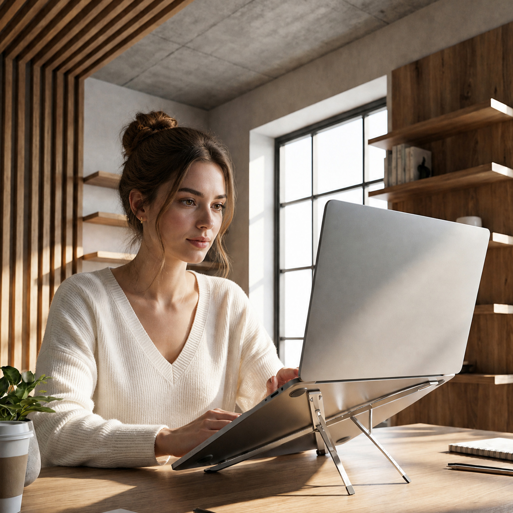 Kobieta w białym swetrze pracuje na laptopie w nowoczesnym biurze z drewnianymi akcentami.
