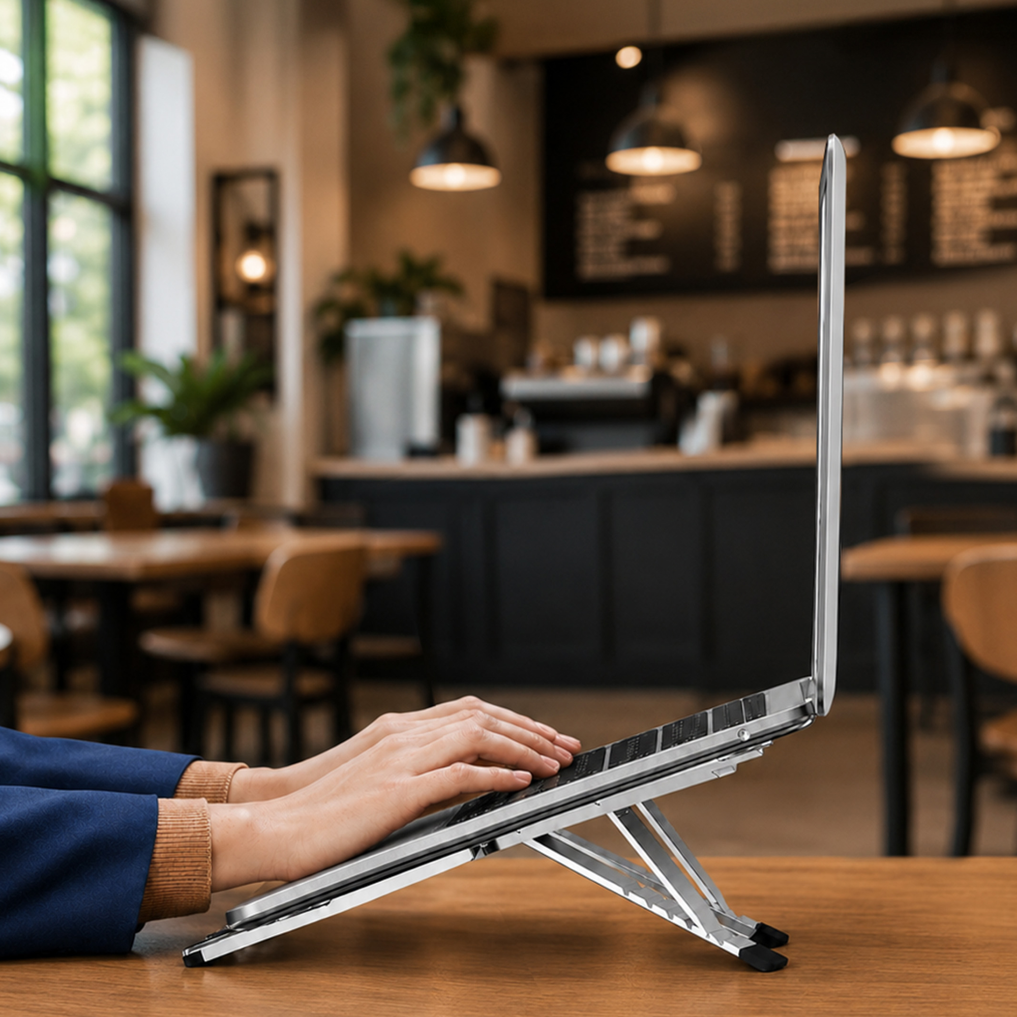 Osoba pisze na srebrnym laptopie na stojaku w kawiarni.