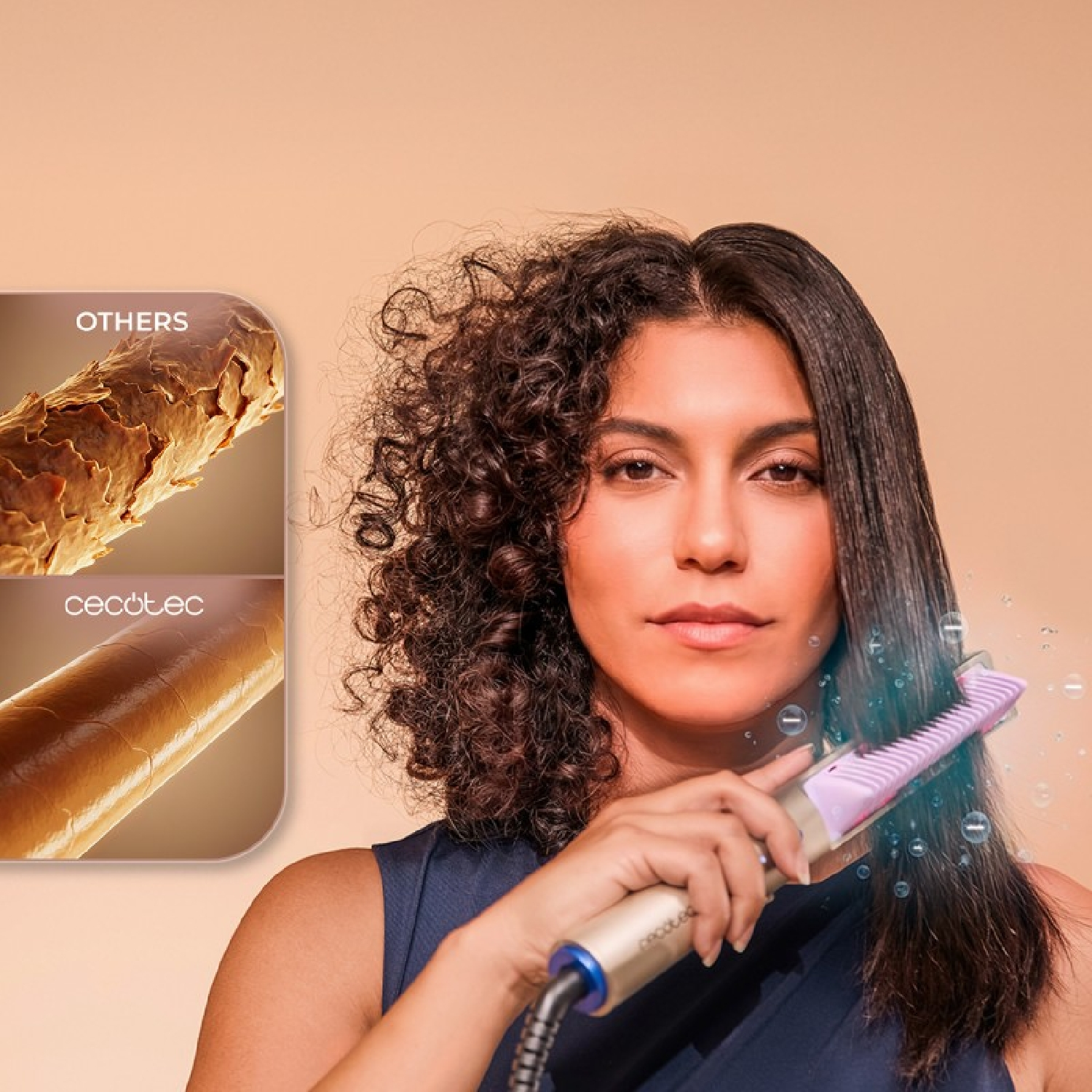 Una mujer se alisa el pelo con un dispositivo morado, mostrando pelo liso frente a rizado.