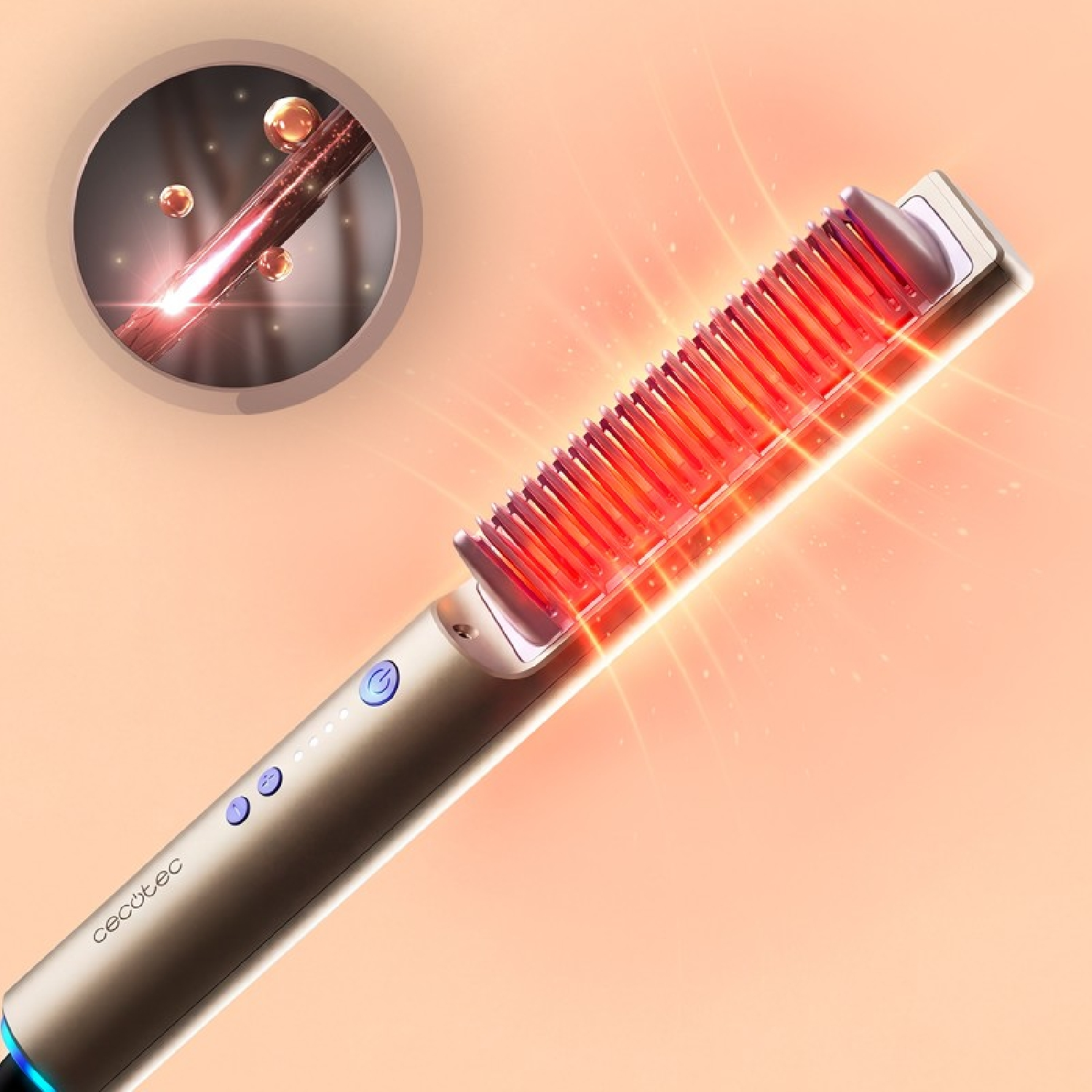 Un peine dorado con luces rojas y un primer plano de cabello.