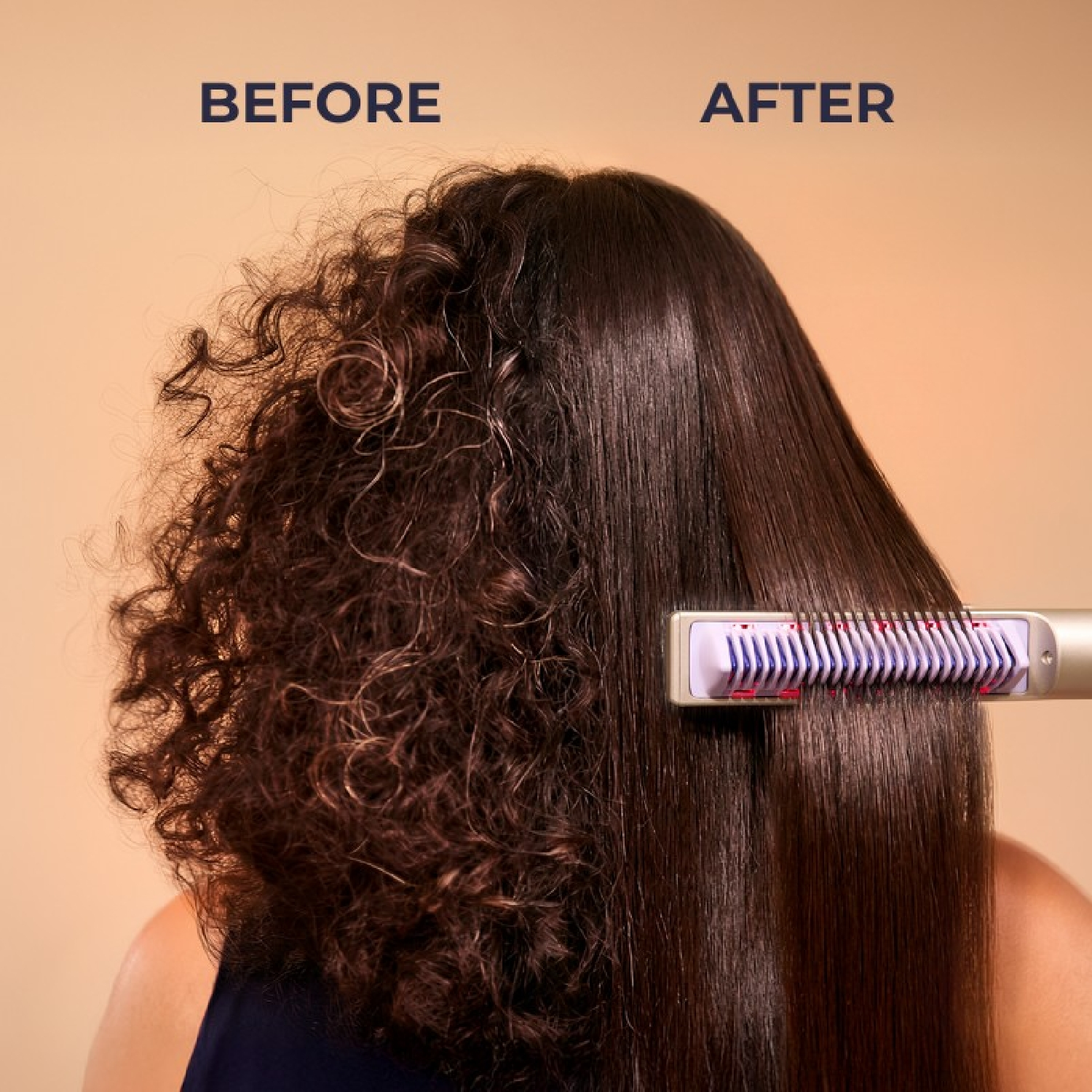 Antes: Cabello oscuro y rizado. Después: Cabello oscuro liso con cepillo alisador.