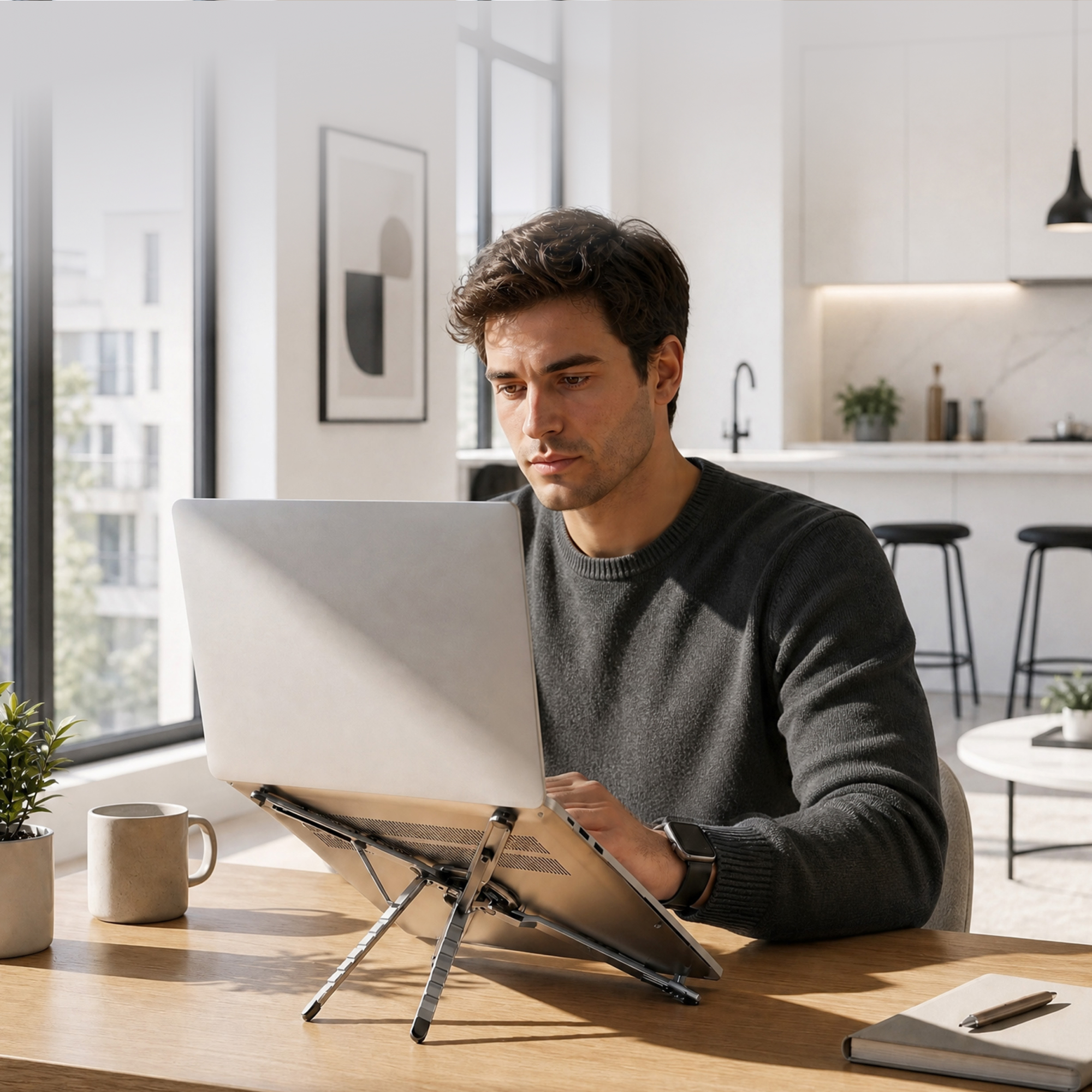 Mężczyzna przy biurku pracuje na laptopie postawionym na stojaku.
