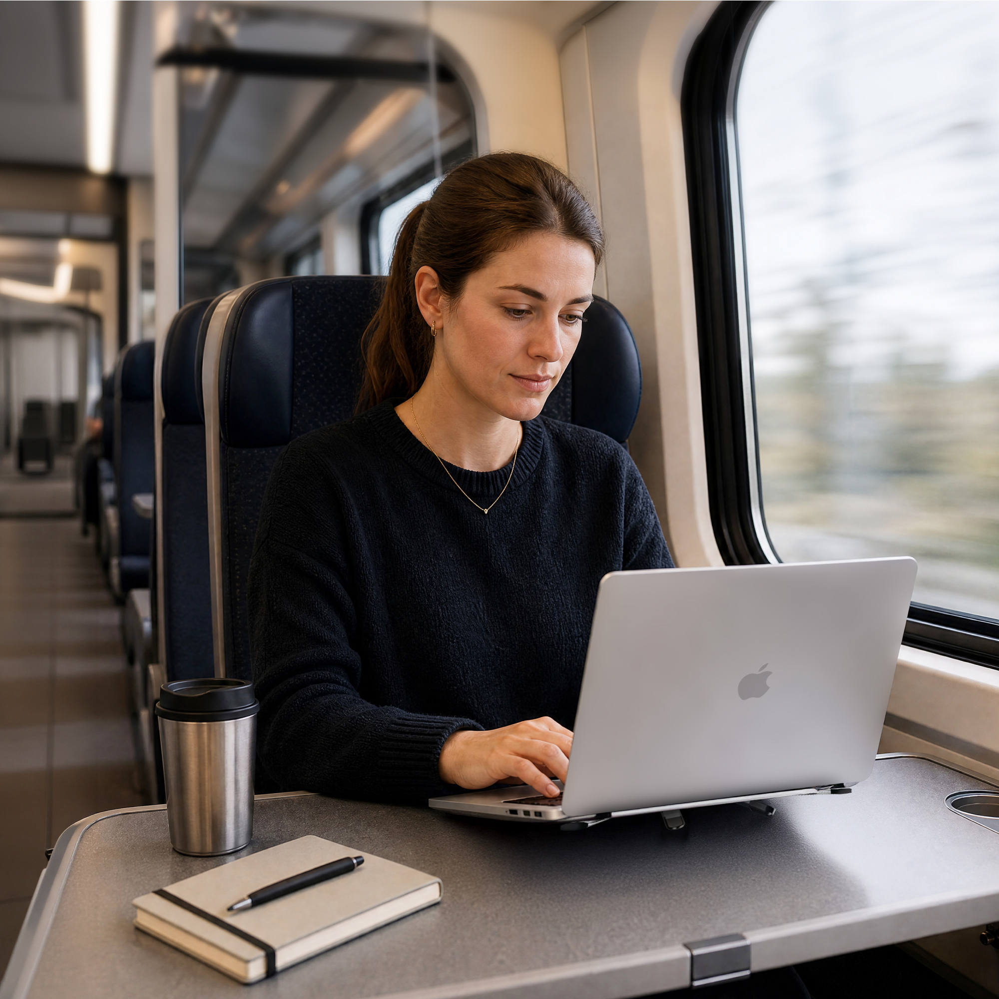 Kobieta pracuje na laptopie w pociągu, obok zeszyt i kubek.