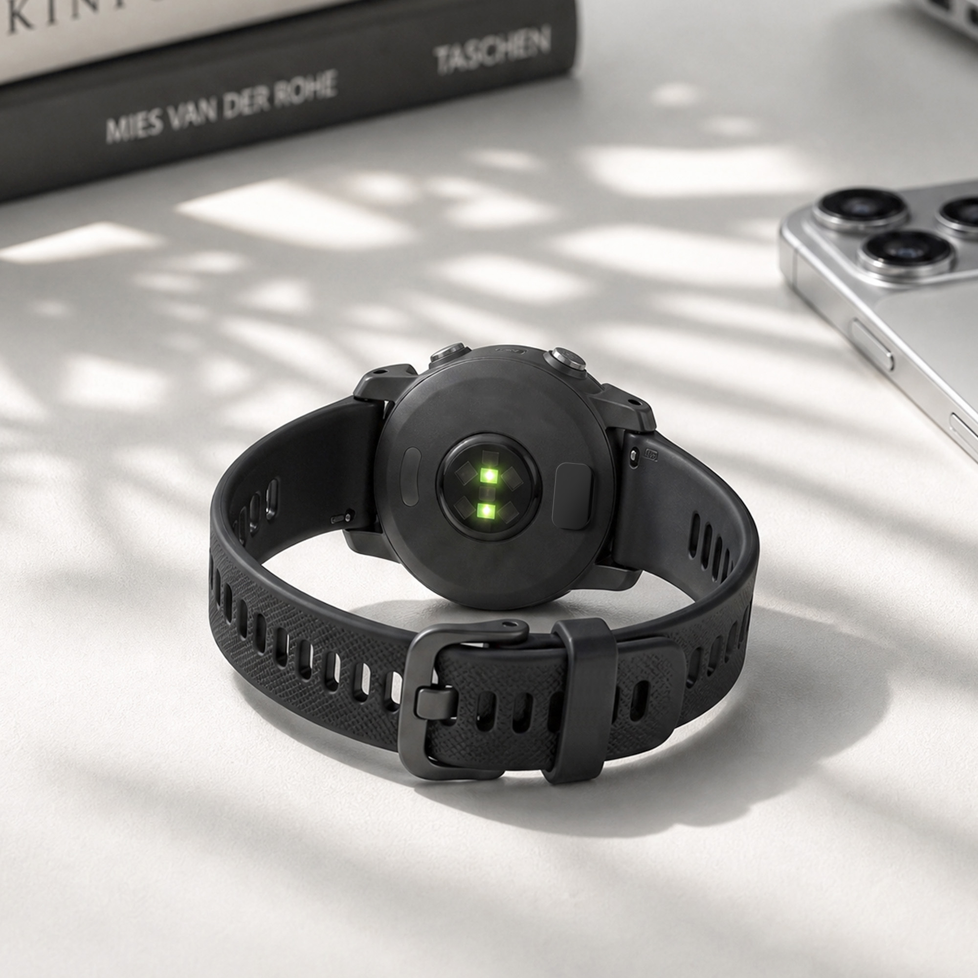 Czarny smartwatch z sensorem tętna i książką w tle.