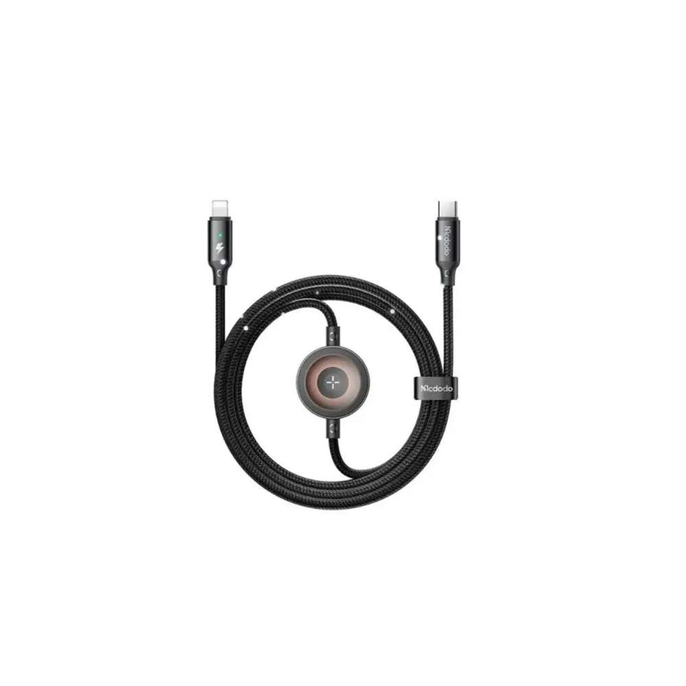 USB-C ve Lightning fişli siyah şarj kablosu, döngü şeklinde.