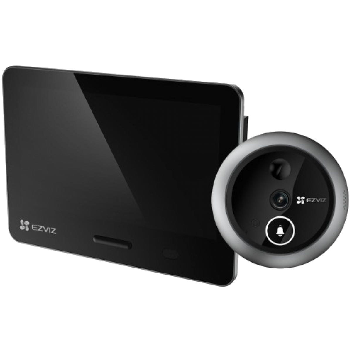 Un timbre EZVIZ negro con pantalla y unidad de cámara.